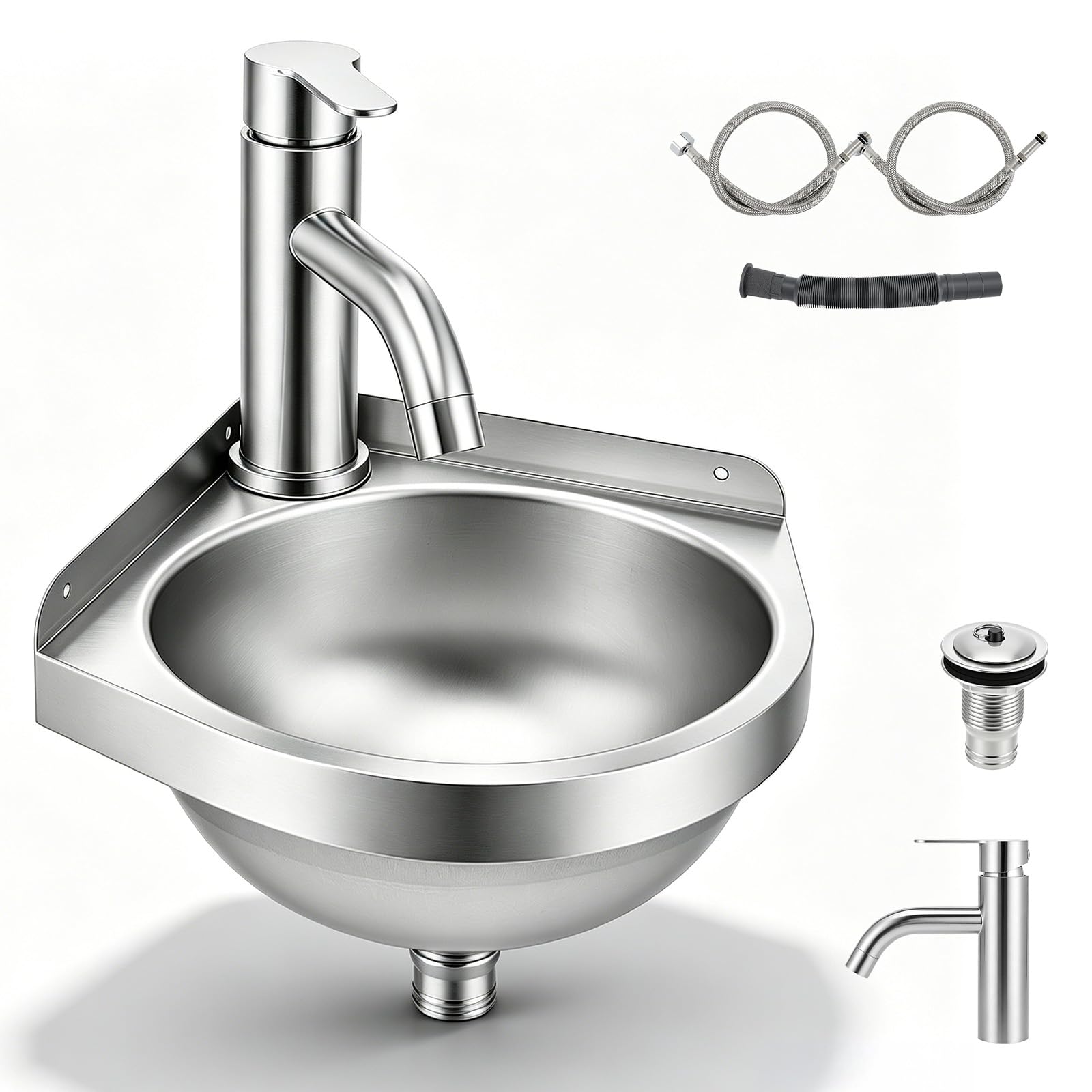304 Stainless Steel Corner Sink, Wall Mounted Single Bowl with Taps