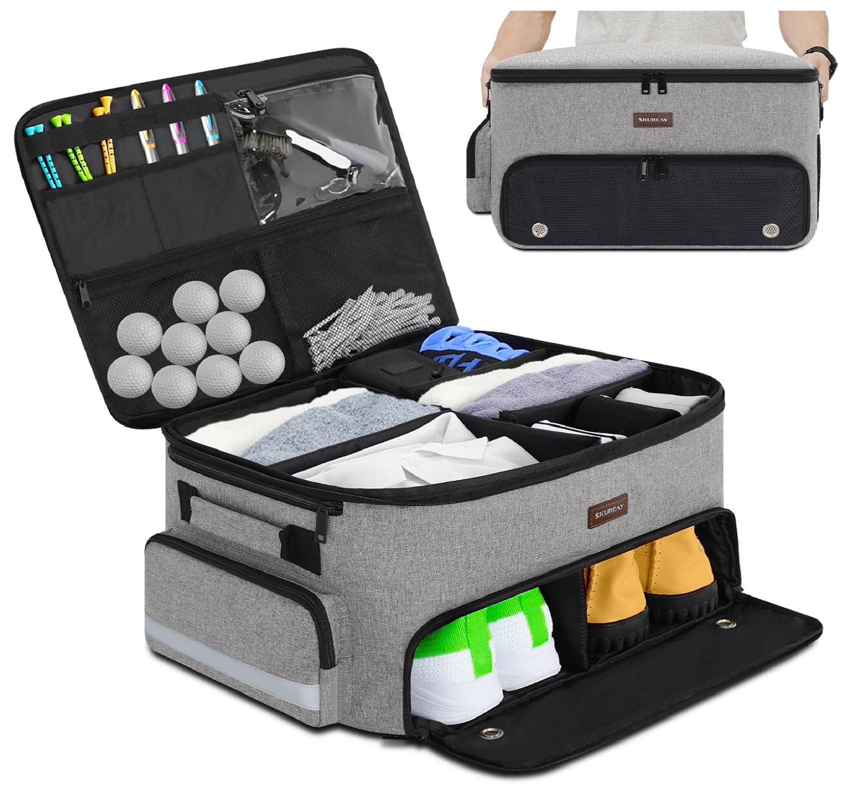 Organizador de maletero de golf para coche, 2 capas, con compartimento para zapatos ventilado separado, organizador de coche de golf gris para accesorios de golf, almacenamiento de coche para