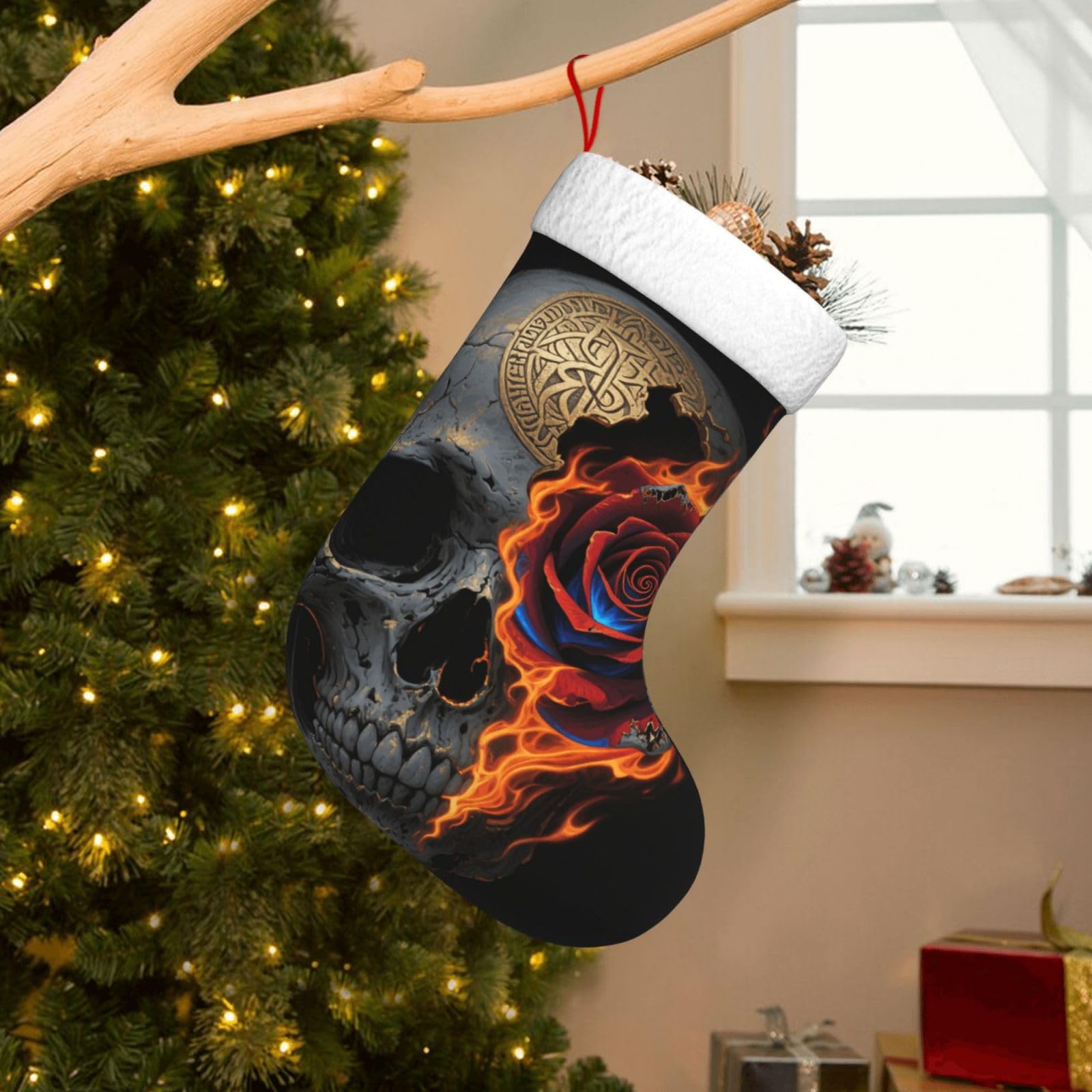 Velvet Christmas Stockings 17.7 Inch, Gothic Skull and Black Rose Xmas Stocking with Soft Cuff,Classic Personalized Christmas Tree Decoration for Family Holiday New Year Party Supplies