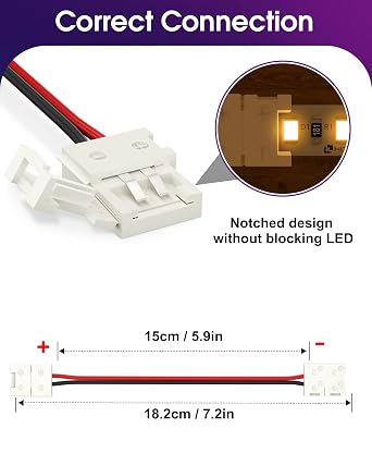 HitLights LED Light Strip Connector, 8mm Single Color 3528 - 6 Inch Any Angle Strip to Strip, 12 Pack
