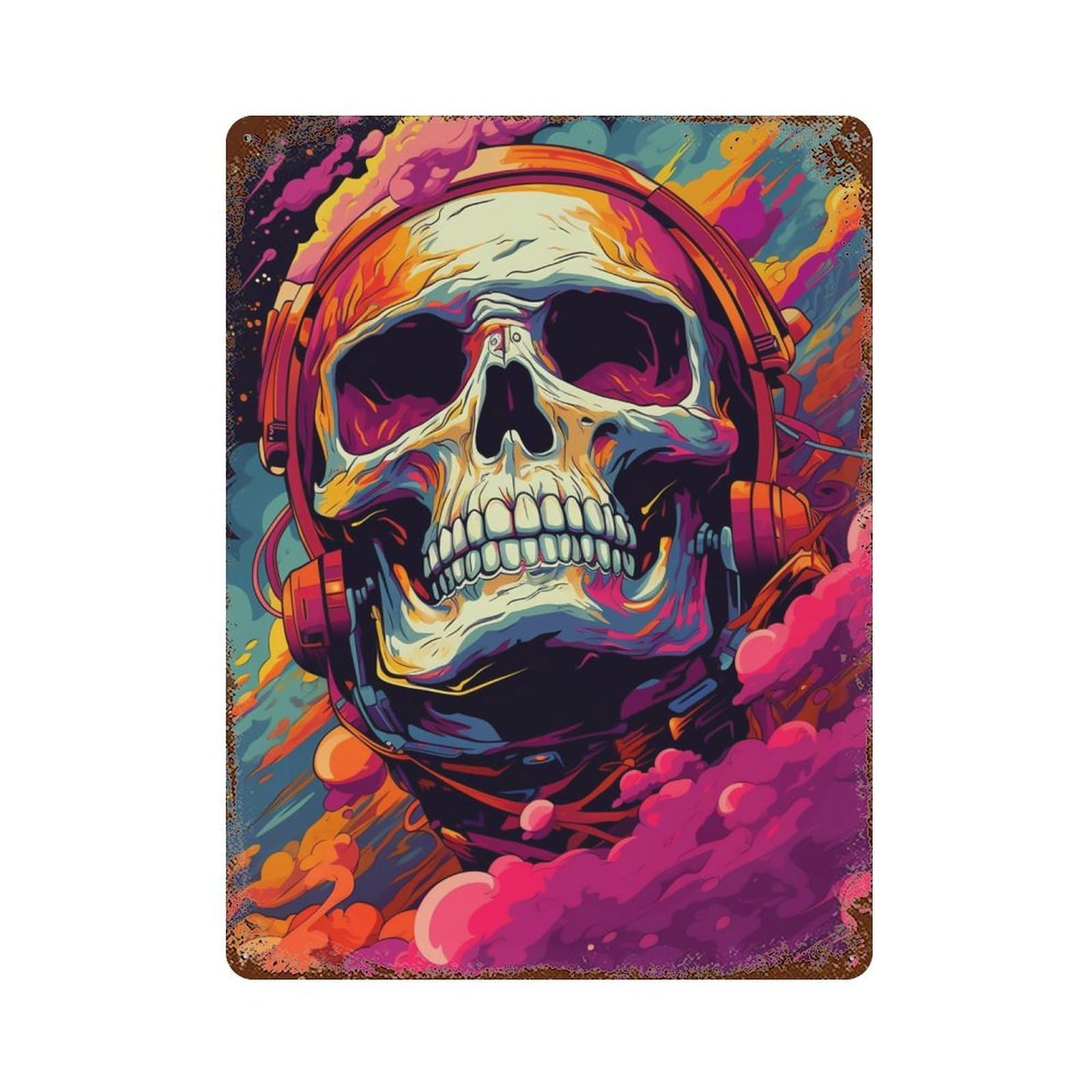 Rusty Metal Tin Sign with Skull Headphones Artwork Design 15.7"x11.8", for Farmhouse, Kitchen And Entryway Decor, Classic Wall Plaque