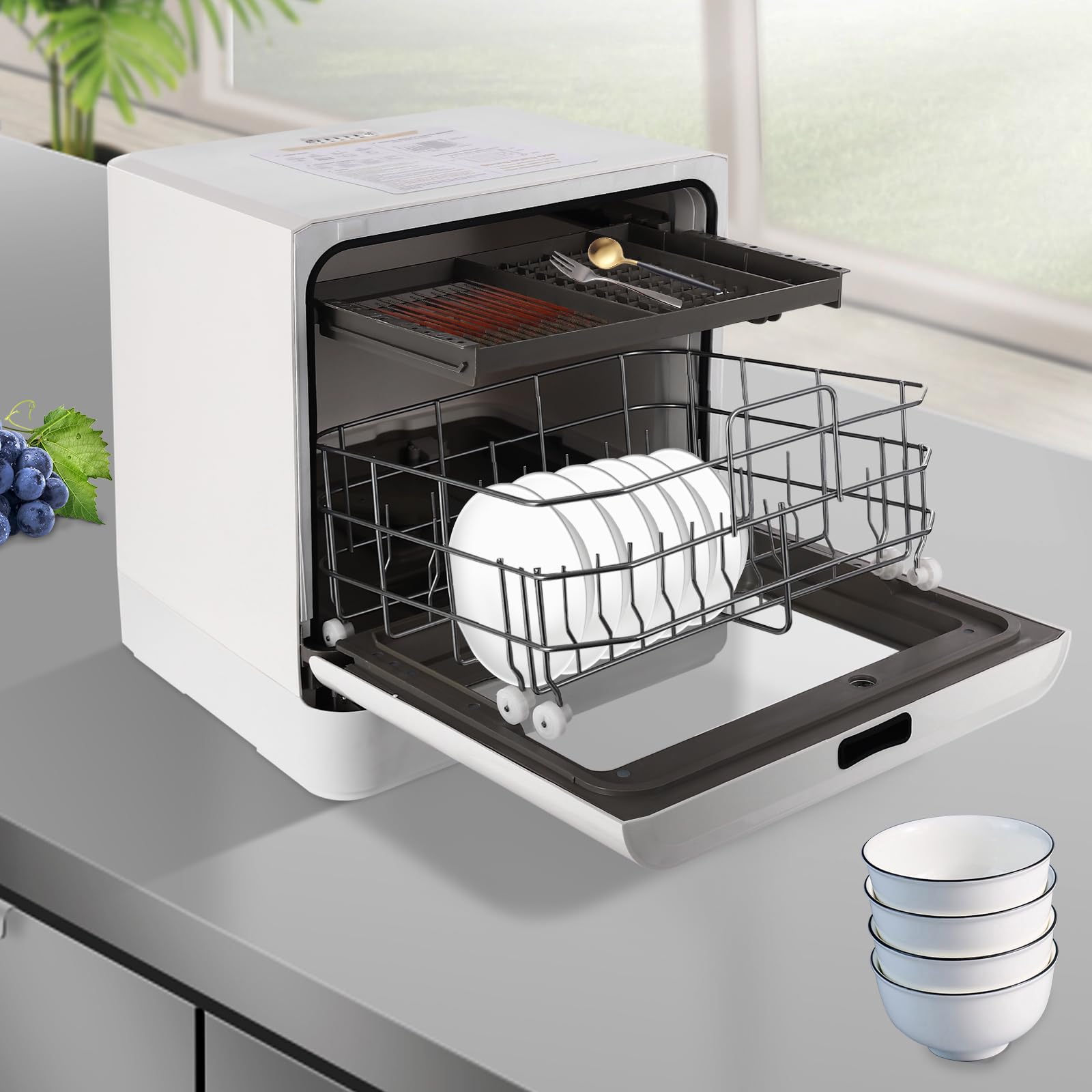 Lavavajillas de mesa, máquina de lavar platos de 800W con pantalla LED, lavavajillas de sobremesa con 4 programas de lavado, mini lavavajillas sin conexión de agua para apartamentos pequeños y