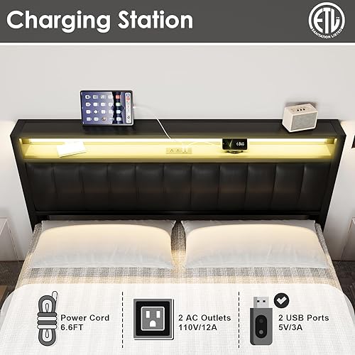 Miniatura 3 de AMERLIFE Base de cama de plataforma tamaño Queen, marco de cama LED con piel sintética y estación de carga, cabecera de almacenamiento de 2 niveles,