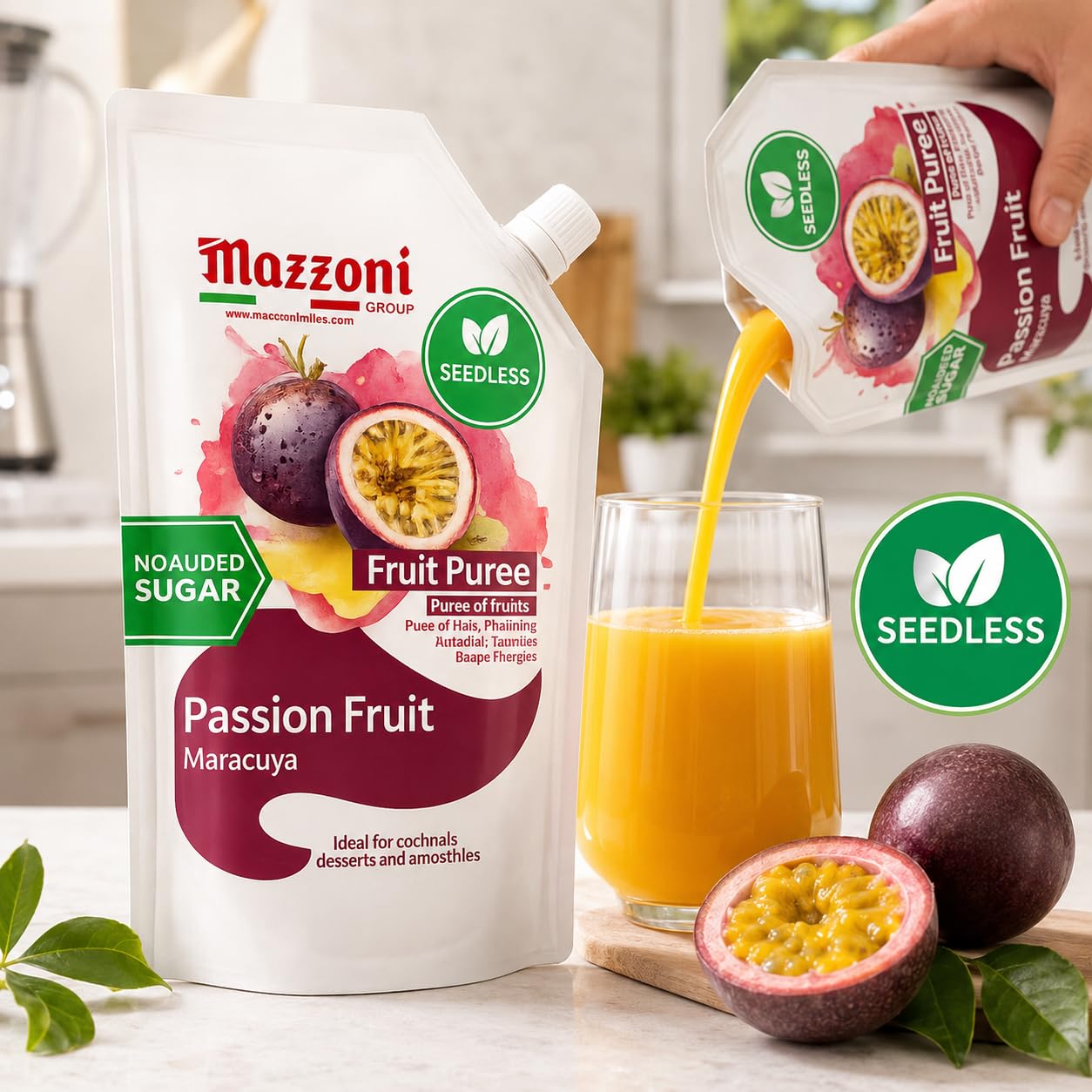 Mazzoni - Puré de zumo de maracuyá, 100% maracuyá, 2,2 libras (35,2 onzas) Solo fruta, sin azúcar añadido, sin semillas. Mezclador de frutas real para cócteles, batidos, bebidas, zumo de fruta, bolsa