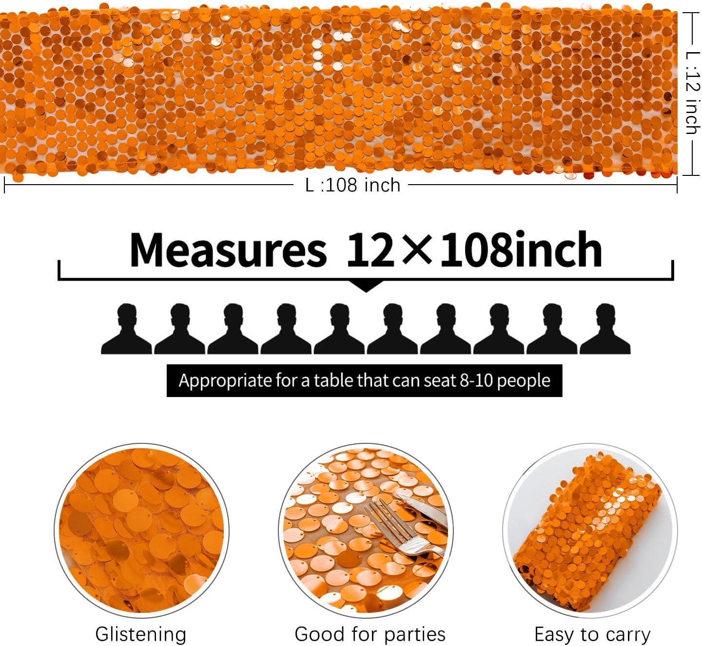Pufogu 12 "x 108" Sequin Table Runner, Orange Glitter Premium Big Sequin Table Runner, Rectangle Table Runners for Halloween, Christmas, Wedding Party, Birthday Party, Banquet Decor (1 Pack).