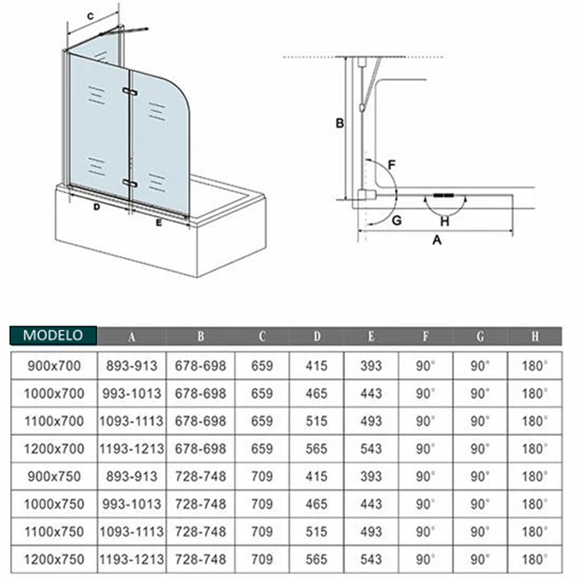 AICA Mampara de Bañera Abatible 2 Hojas con un Panel Fijo Cristal Antical 6mm Plegable Tamaño:(893-913) x(678-698) x1400mm