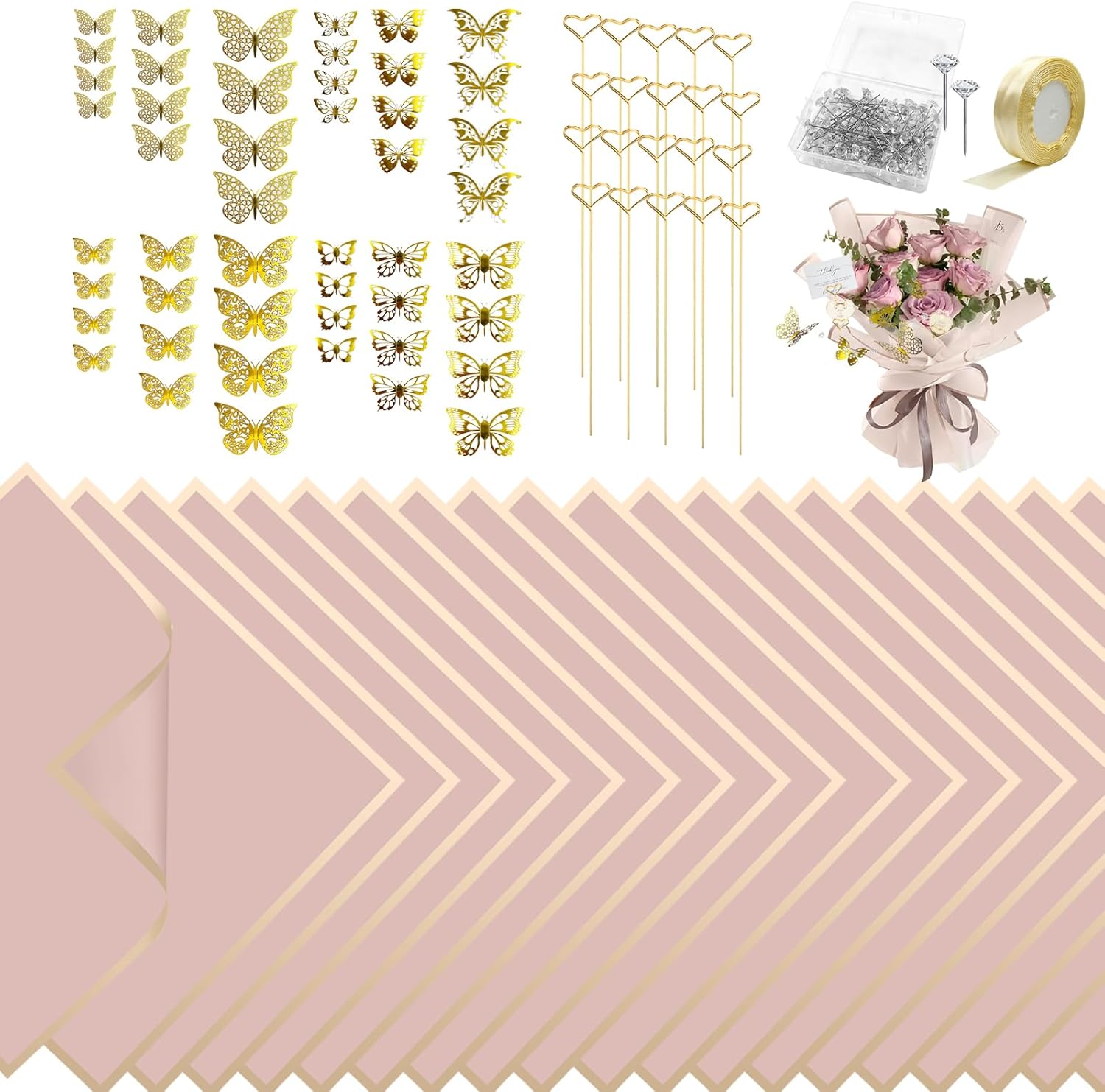 SNAIL GARDEN 189PCS Flower Bouquet Wrapping Paper Kit, 20 Sheets Waterproof Floral Wrap, 20 Metal Card Holders, 48 3D Butterflies, 100 Pins, 25Yd Ribbon for DIY Gift Packaging & Florist Supplies