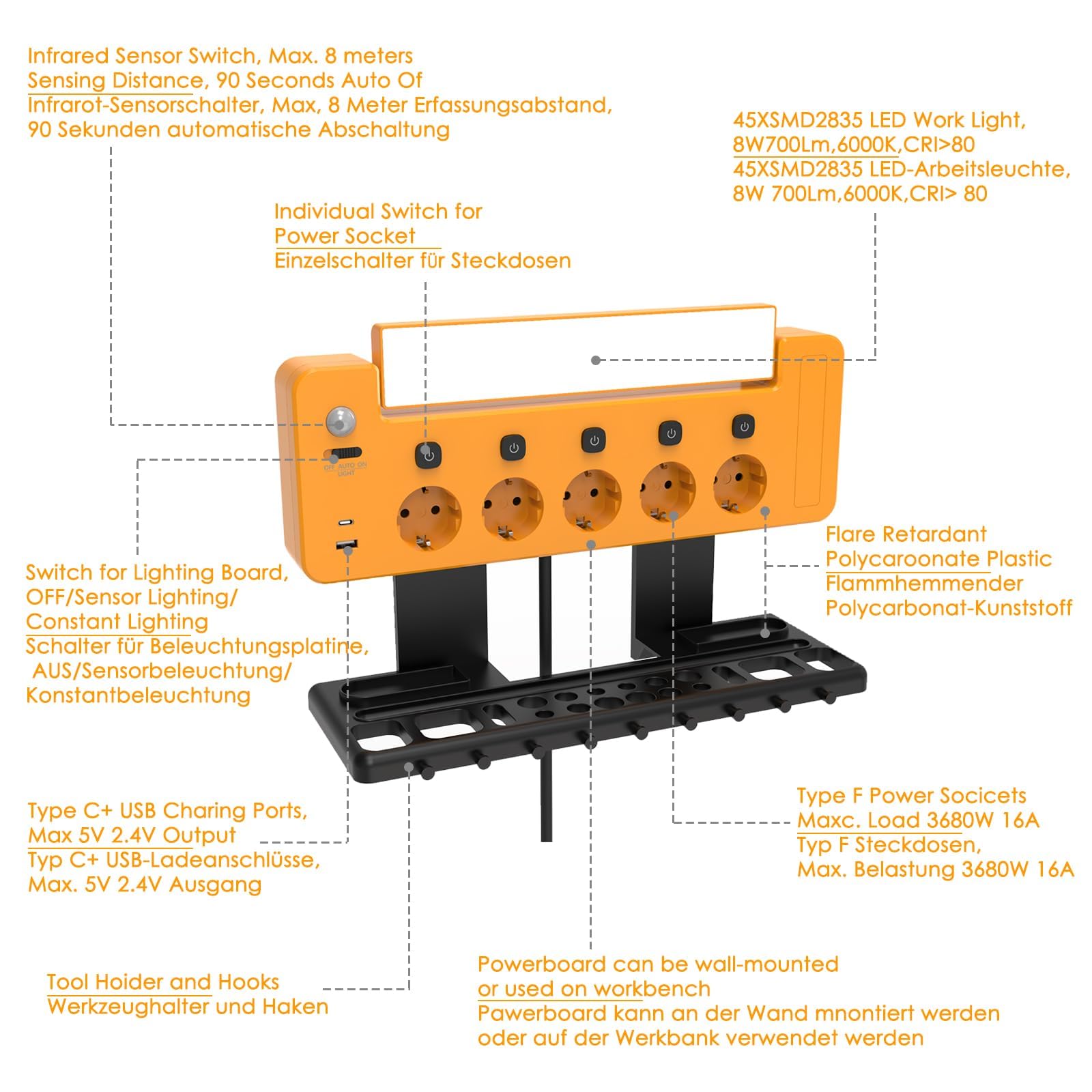 Regleta Enchufes de Pared con 5 Toma de Corriente 3680W y Interruptor Individual, USB A y USB C Puerto de Carga 5V 2.4A, Luz de Ttrabajo LED Giratorio y Portaherramientas para Taller