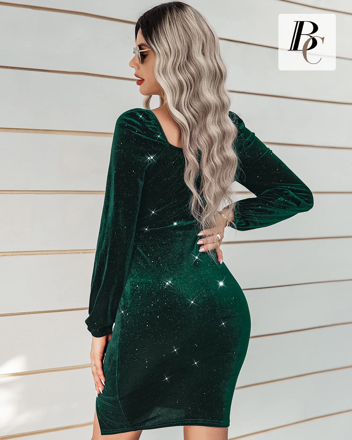 BebreezChic Vestido Terciopelo Mujer Corto Lentejuelas Cuello V Manga Larga Fruncido Delgado Ajustado Abertura Vestidos Elegante Casual de Cóctel Fiesta Navidad