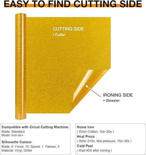 Miniatura 5 de HTVRONT Gold Glitter HTV Heat Transfer Vinyl Rolls - 10" x 8ft Gold Glitter HTV Vinyl for Shirts, Glitter Iron on Vinyl for All Cutting Machine