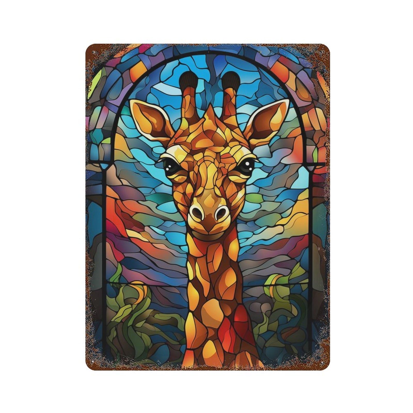 Giraffe Stained Glass Weathered Tin Sign 15.7"x11.8", for Garage, Bar And Workshop Decor, Vintage Wall Decor