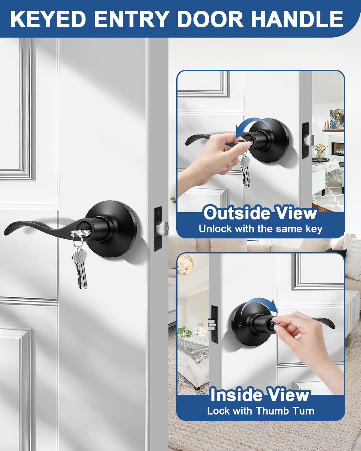 GOBEKOR 1 Pack Matte Black Front Door Handle with Lock and Keys,Reversible Exterior/Interior Door Handle with Lock,Keyed Entry Door Lock for Bedroom,Bathroom & Office,Wave Style Modern Home Decor - 3