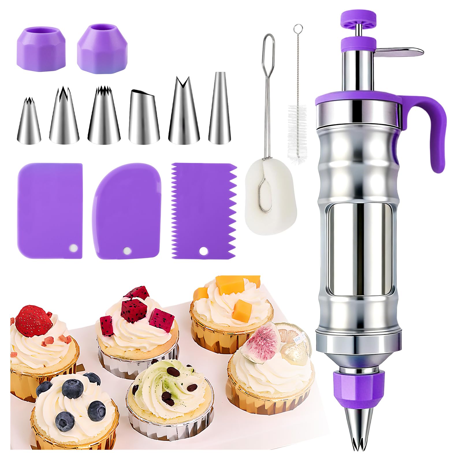 Icing Piping Kit,14-Piece Stainless Steel Cake Decorating Syringe Set with 6 Nozzles & 3 Scrapers,2 Brush,Professional Baking Tools for Cupcakes, Cakes, Cookies, Desserts(Purple)
