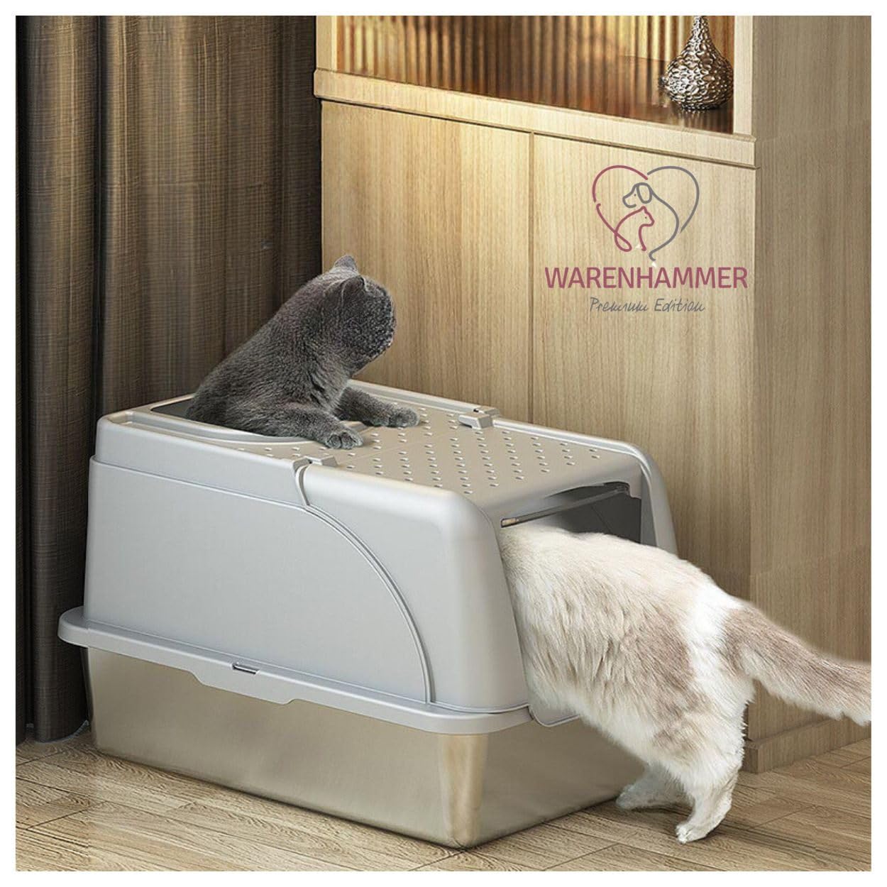 Lettiera per gatti XXL Premium – Acciaio inox con coperchio – grande apertura frontale – Lettiera per gatti con pala (L x L x A): 62 x 41 x 40 cm