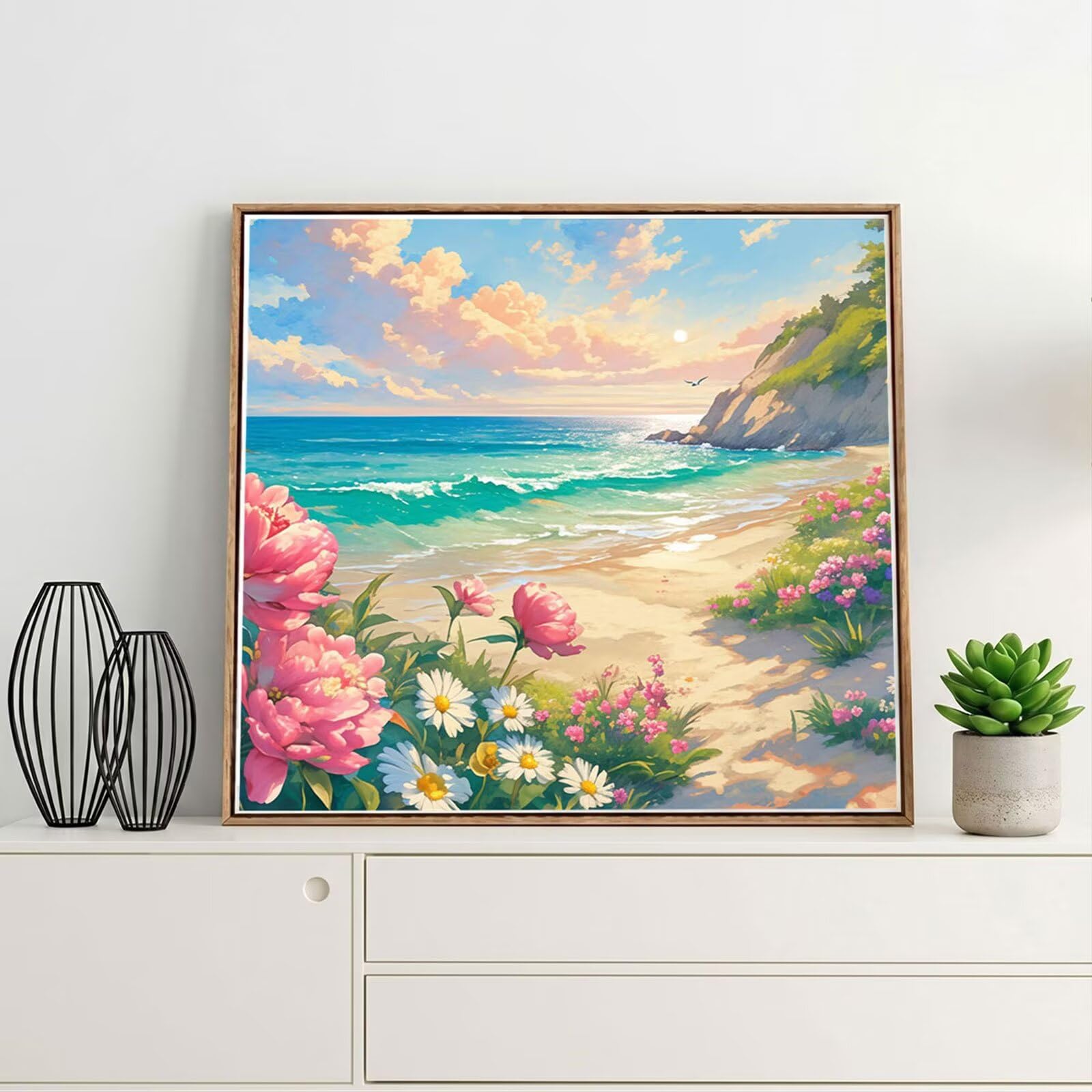 Broderie Diamant Kit Complet 5D, Fleur Diamond Painting Adulte Plein Foret, Peinture Diamant pour Adulte Enfant Débutant, Loisirs Créatifs de Détente et Décoration Maison, Plage 100x100cm FX#605