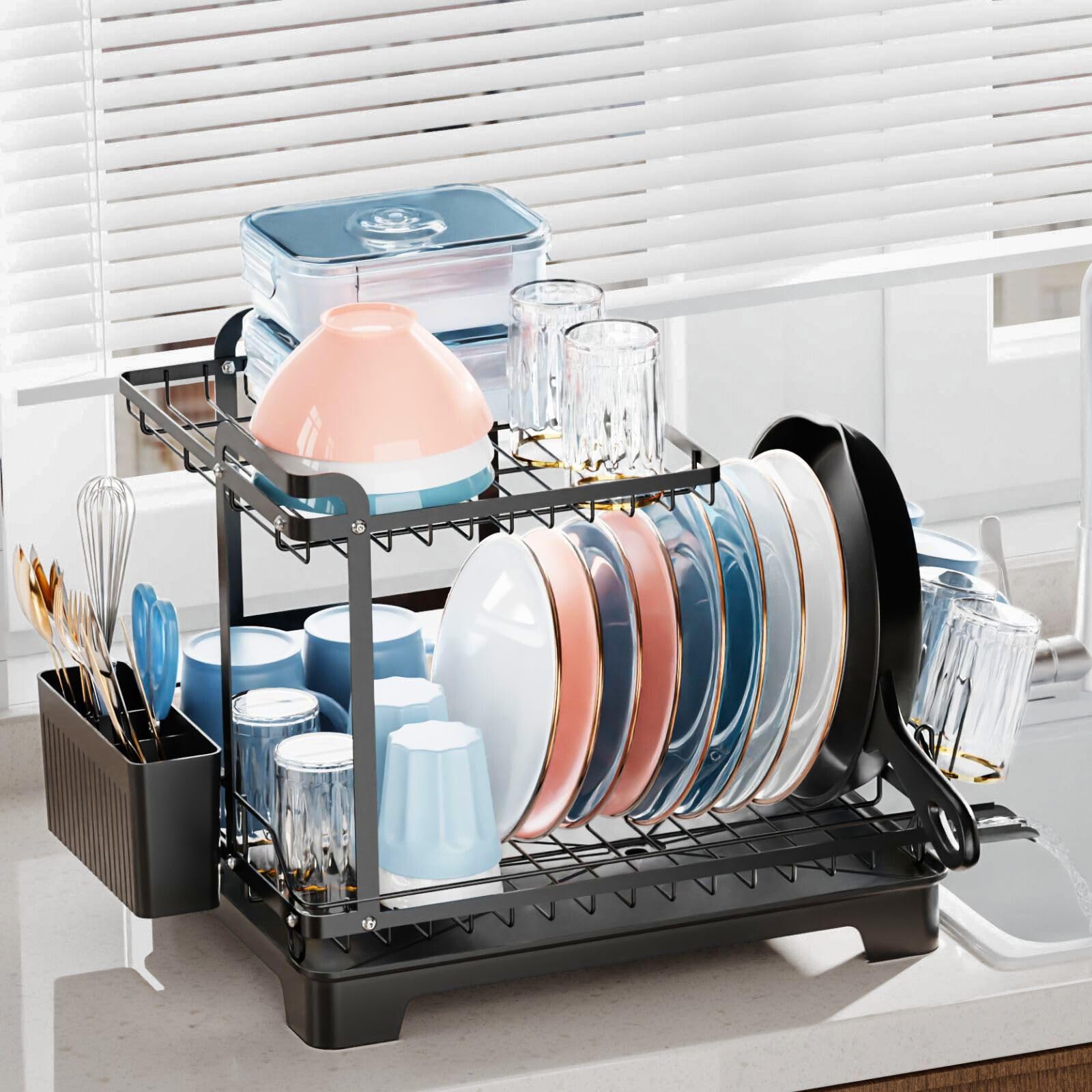 iSPECLEDish Drainer Rack - Large Capacity 2 Tier Dish Racks for Kitchen Worktop with Drainboard & Pan Slot, Multifunctional Dish Drying Rack with Cup Holder & Utensil Holder, Black