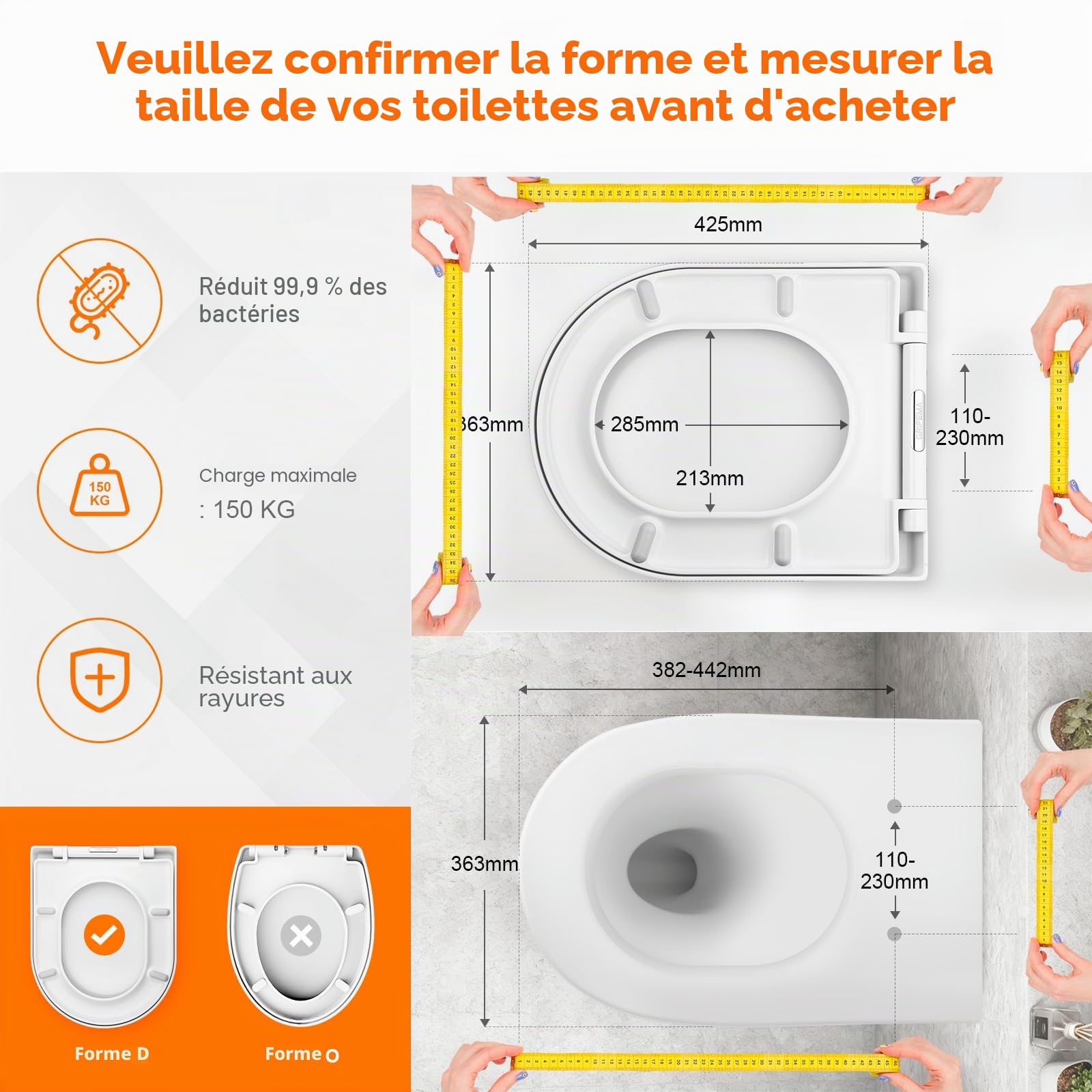 GRIFEMA G951 Abattant WC Premium - Résine UF Antibactérien et Inrayable - Ne Jaunit Pas - Finition Céramique - Fermeture Silencieuse - Dégagement Rapide Nettoyage Facile - Forme D[Exclusivité Amazon]