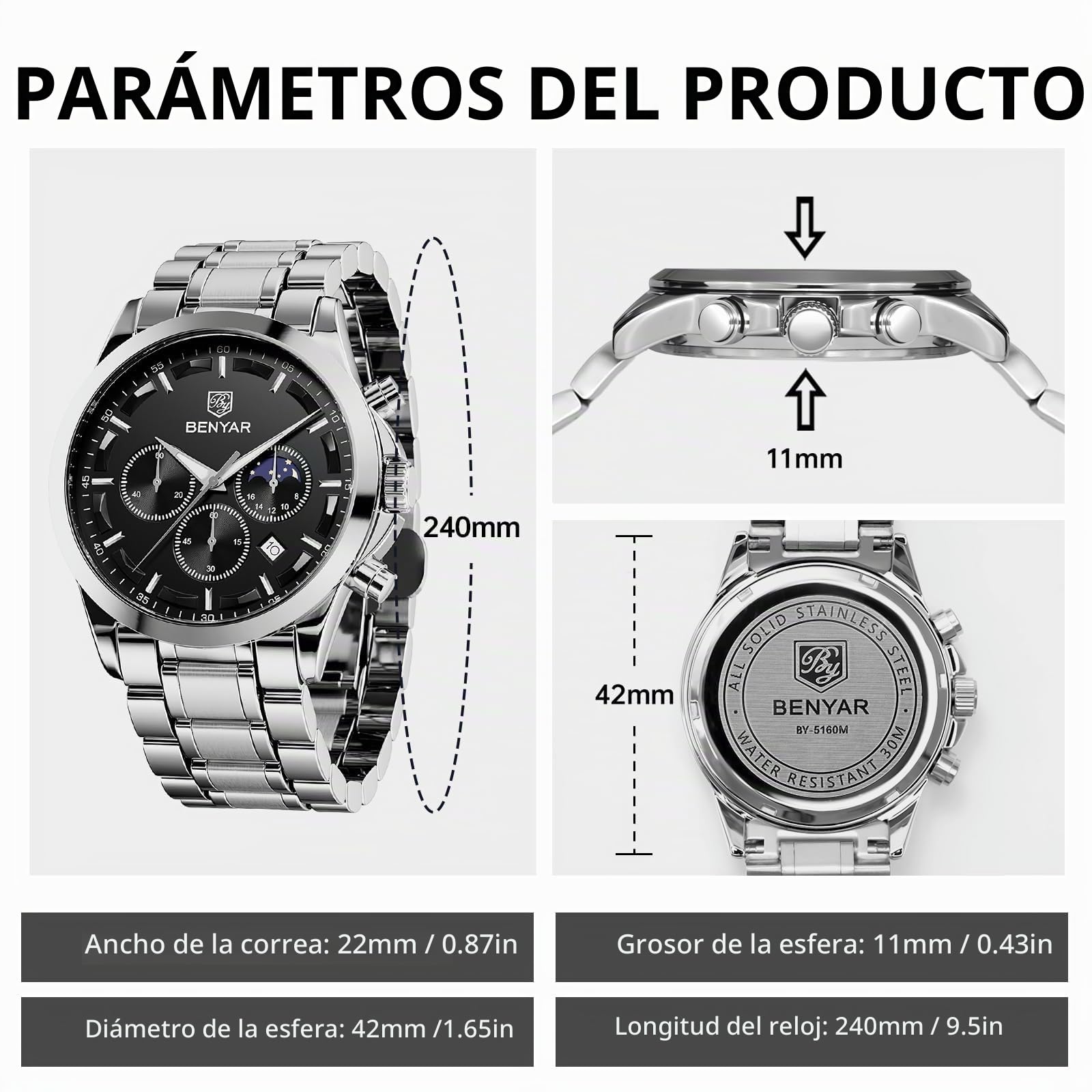 BENYAR by Relojes Hombre Analógico Cuarzo Cronografo Impermeable Luminoso Fecha Moda Casual Reloj de Pulsera Elegante Regalo para Hombre