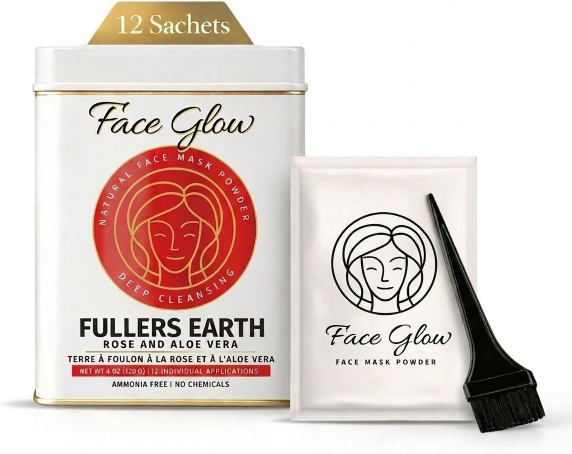 Face Glow- Fuller’s Earth w/ Rose & Aloe Vera- 12 Individual Sachets of Multani Mitti (10 gm each)- Reusable Brush & Tray Included- Timeless Radiance- Face Mask for Healthy Looking Skin