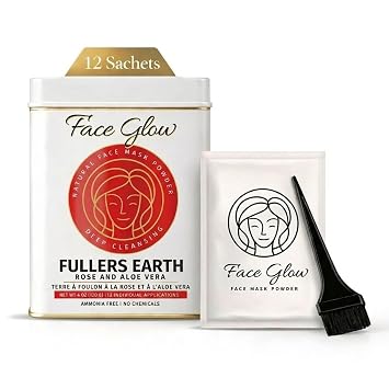 Face Glow- Fullers Earth w/Rose & Aloe Vera- 12 Individual Sachets of Multani Mitti 10 gm each- Reusable Brush & Tray Included- Timeless Radiance- Face Mask for Healthy Looking Skin- Chemical Free