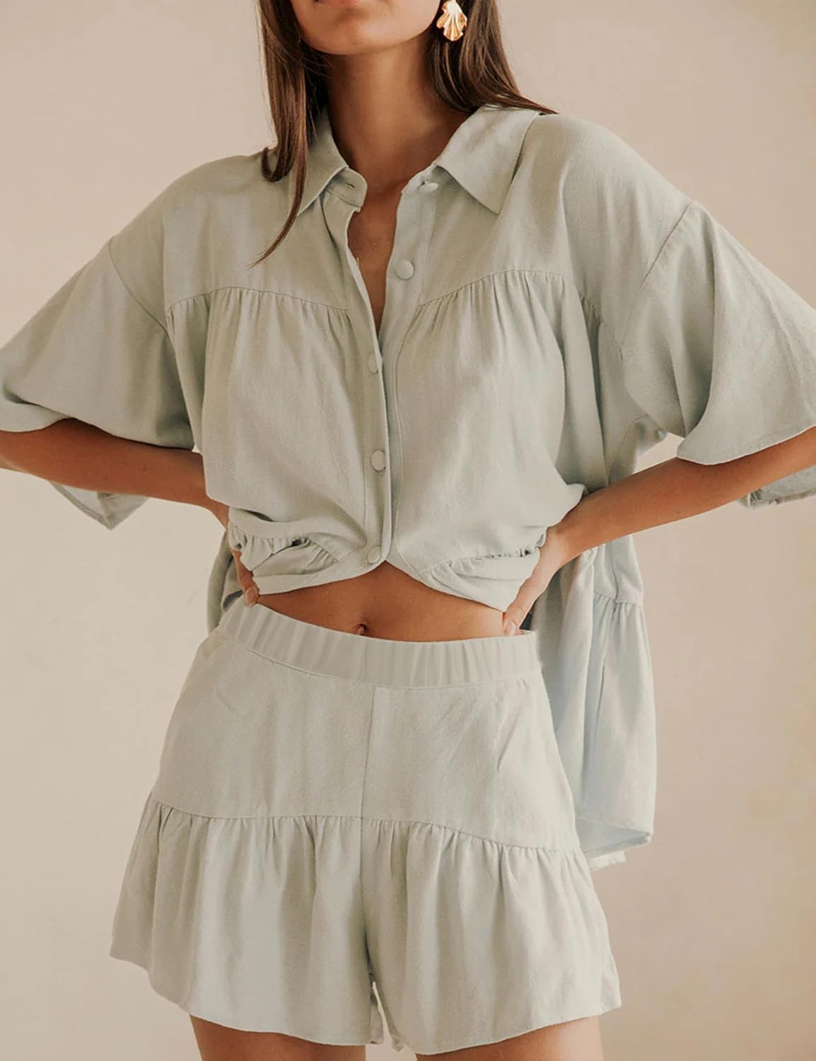 Qiaomai Womens 2 Piece Outfits Summer Ruffled Shirt and High Waist Shorts Matching Set - Image 2