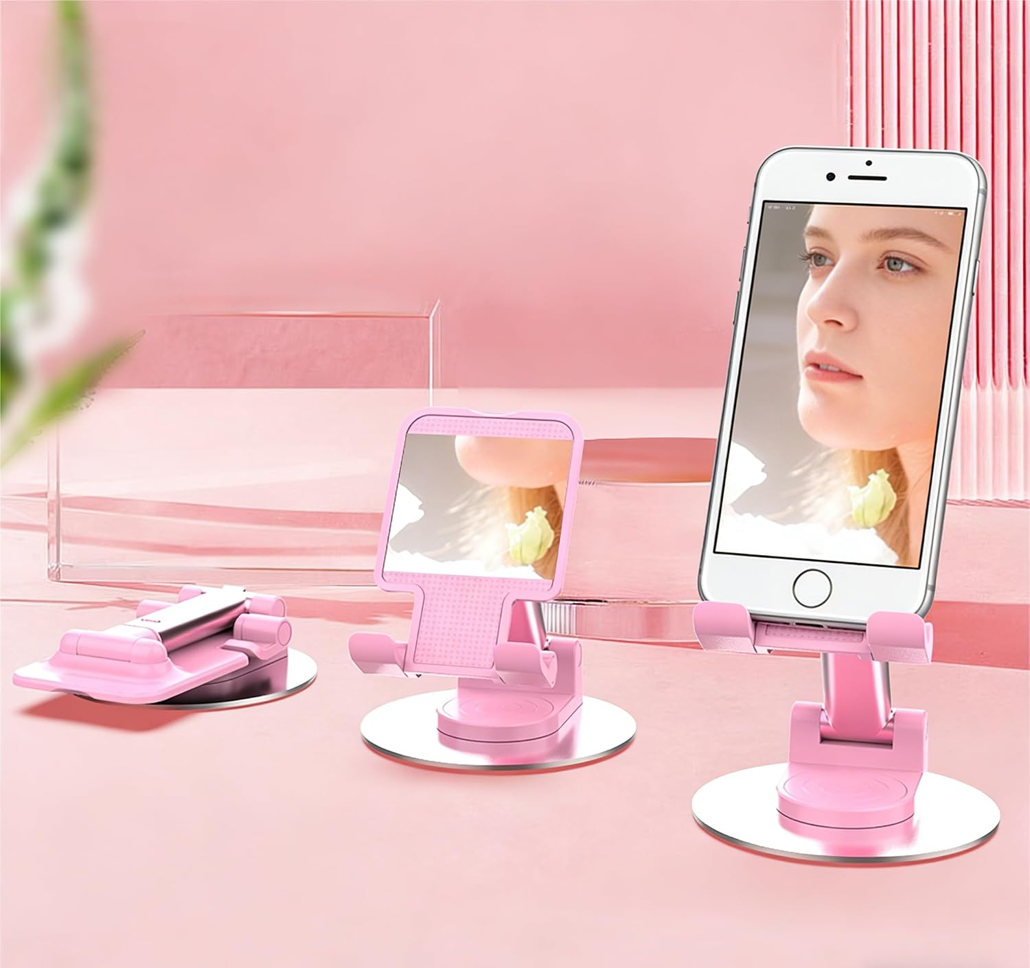 360 ° Cell Phone Stand,[Angle Height Adjustable] Foldable Cell Phone Holder with Silicon Pad for Desk,Mobile Phone Holder for iPhone 17 16 15 14 13 Pro Max Air Plus,All Mobile Phones-Pink