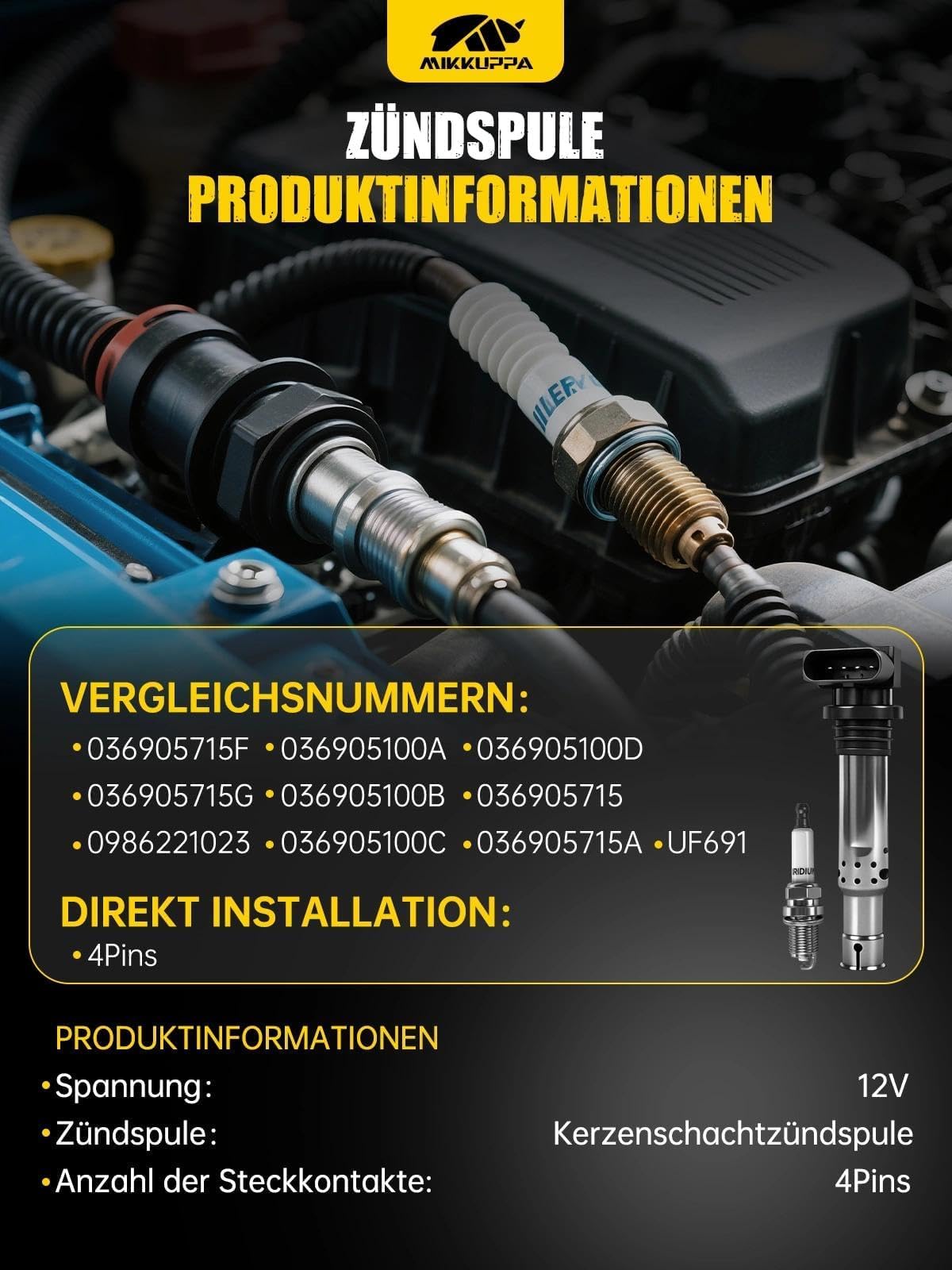 MIKKUPPA Zündspule Set 4 Stück mit Zündkerzen passend für | Audi A1 A3 1.4T VW Polo Golf 1.4T 1.6L Skoda 1.4T ersetzt 036905715F 036905715G 036905100A 0986221023