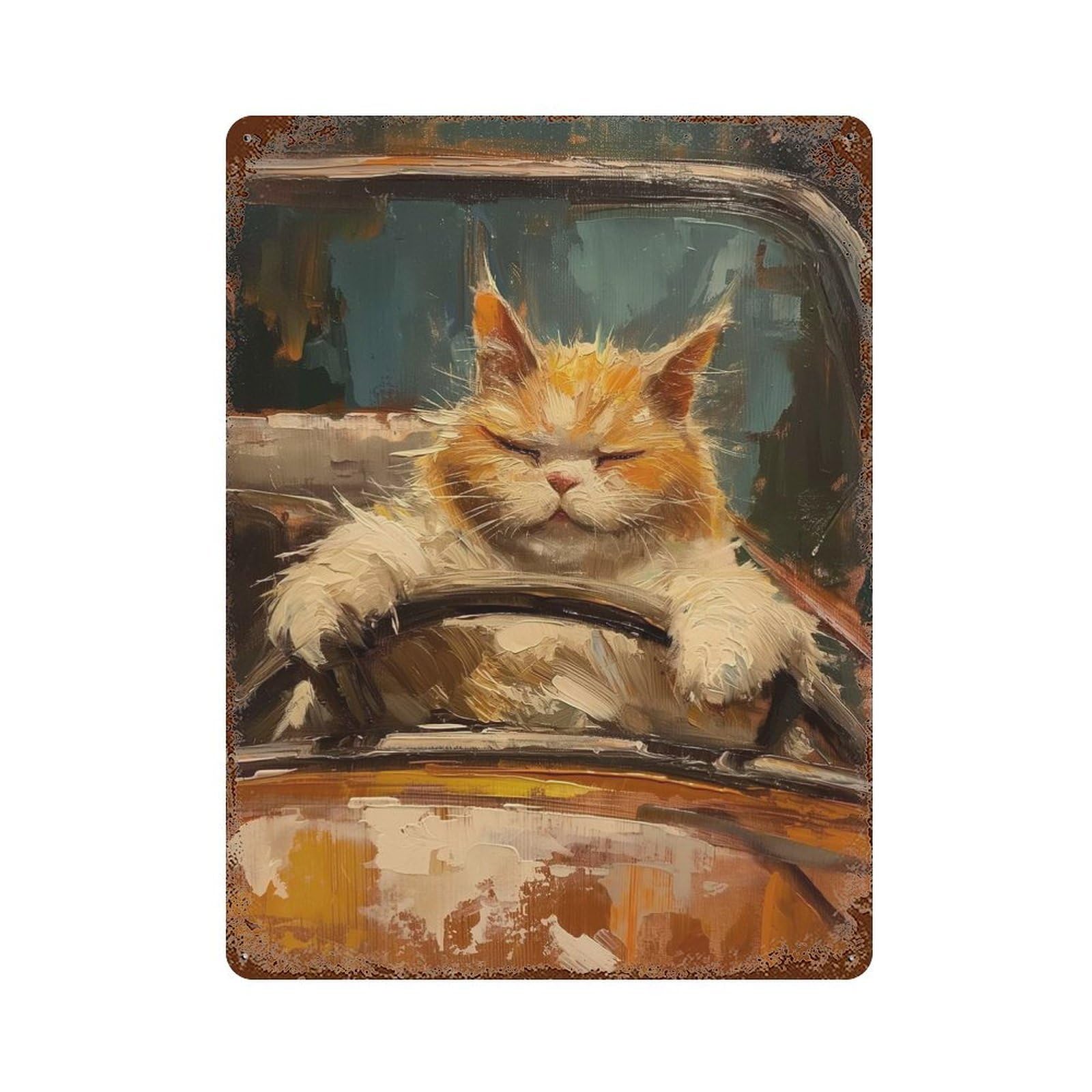 Garage Style Funny Fat Cat Cabrio Car Vintage Metal Tin Sign 15.7"x11.8", Rustic Home Decor for Bar And Workshop