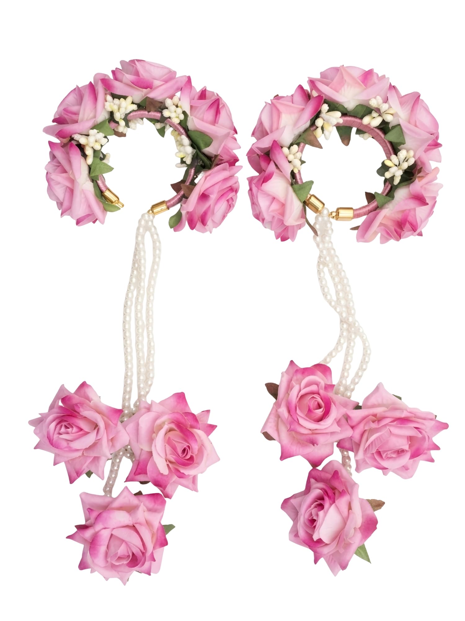 Bridal Artificial Flower Kaleera for Mehndi & Haldi Ceremony | Rose Floral Kalire Bracelet for Bride | Handmade Wedding Kaleera with Pearl Hanging | Bridal Hand Jewellery-image-48