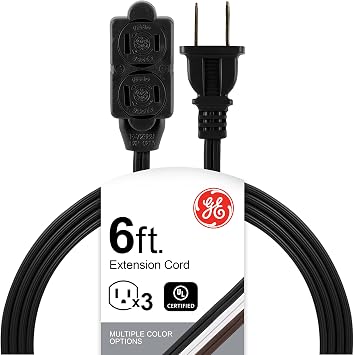 GE 6 Ft Extension Cord, 3 Outlet Power Strip, 2 Prong, 16 Gauge, Twist-to-Close Safety Outlet Covers, Indoor Rated, Perfect for Home, Office or Kitchen, UL Listed, Black, 45148