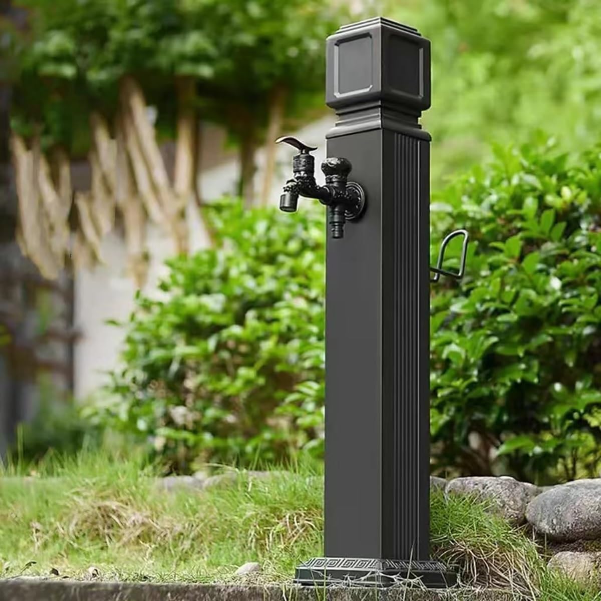 Freestanding Outdoor Garden Water Fountain with Double Spout Faucet & Spray Gun, Black Square Water Column, 100cm Landscape Hydrant Decor for Efficient Watering