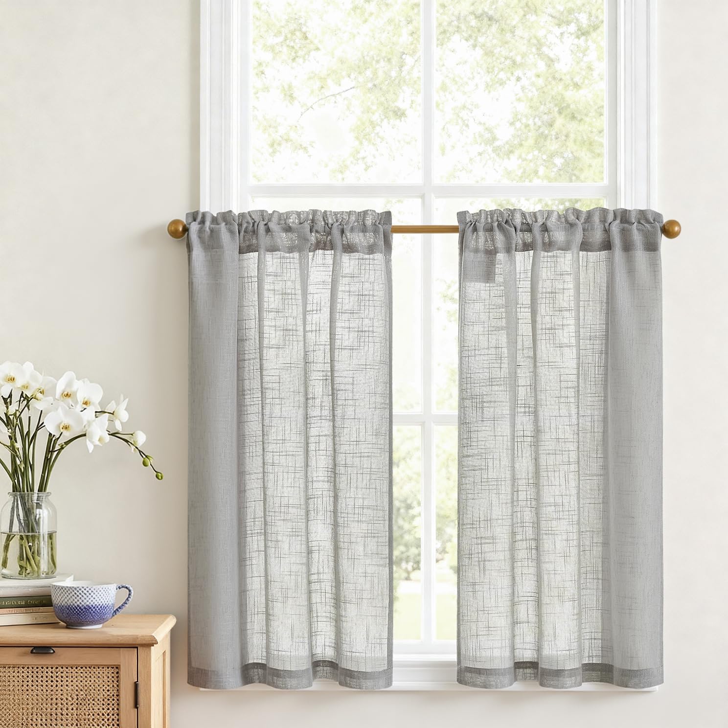 VANGAO Voile Scheibengardine Transparente Bistrogardine Sheer Unifarbige Tunnelzug Küchenvorhang