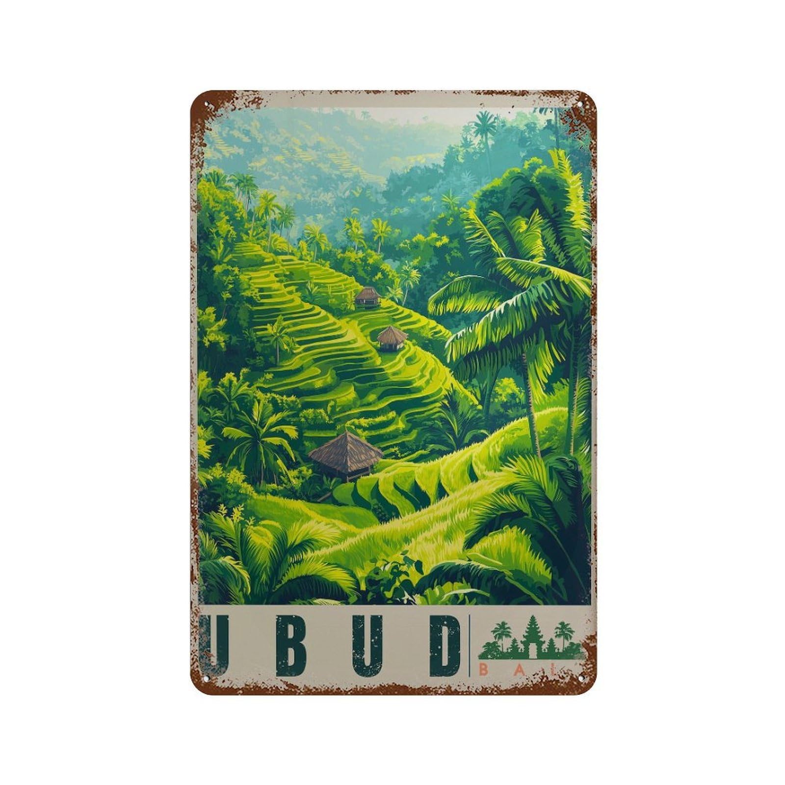 xiaoxiaoshen Ubud Bali Rice Terrace Tropical Landscape Travel Wall Decor Art Metal Tin Poster Modern Home Decor Art Home Bar Shop Decorations Vintage Sign 30x20cm