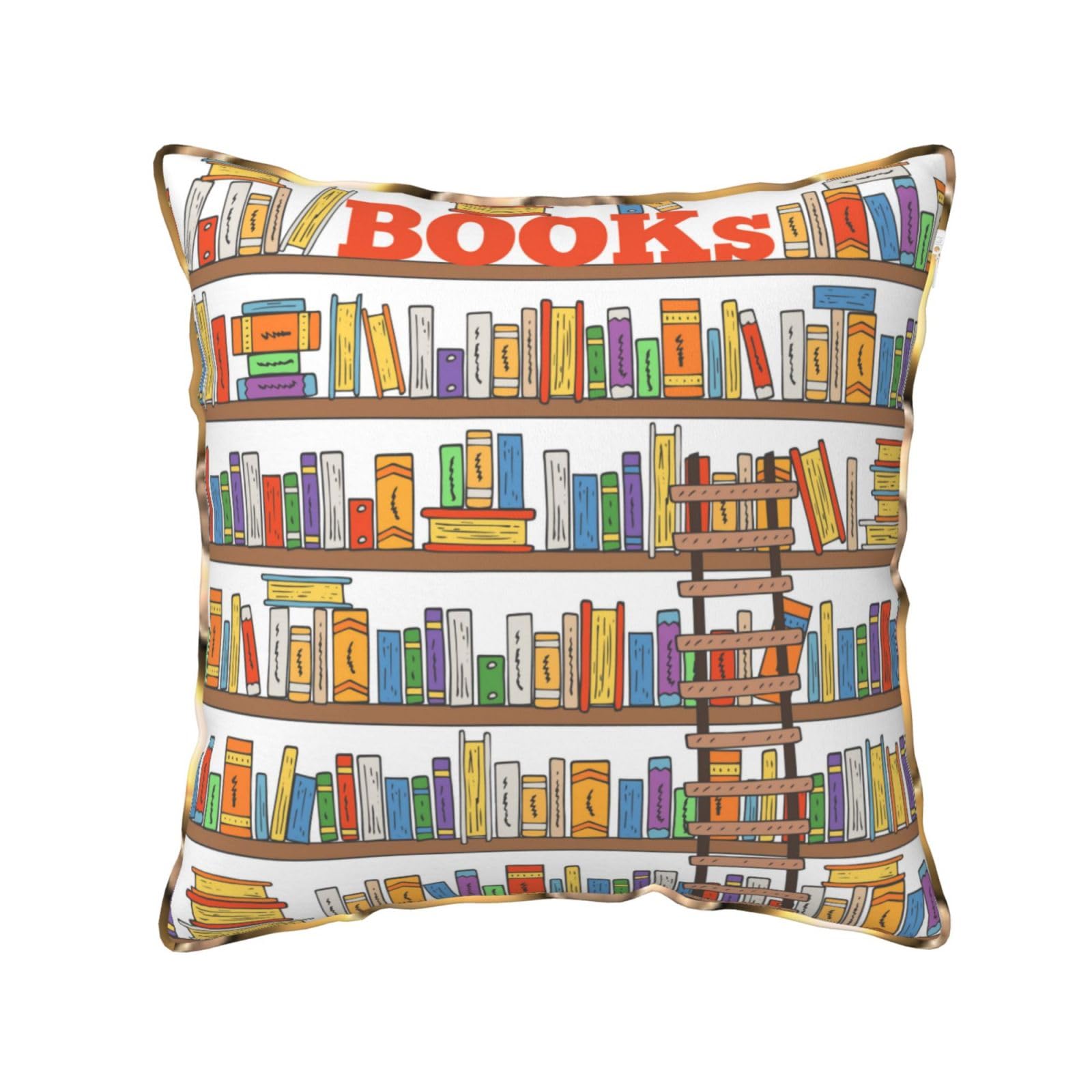 Funny Book Shelves Collection and Ladder Printed Velvet Cushion Cover 45x45 CM with Gold Edging Strip, Square Pillowcase Soft Throw Pillow Covers Case Decorative for Living Room Sofa Couch Bed Bench