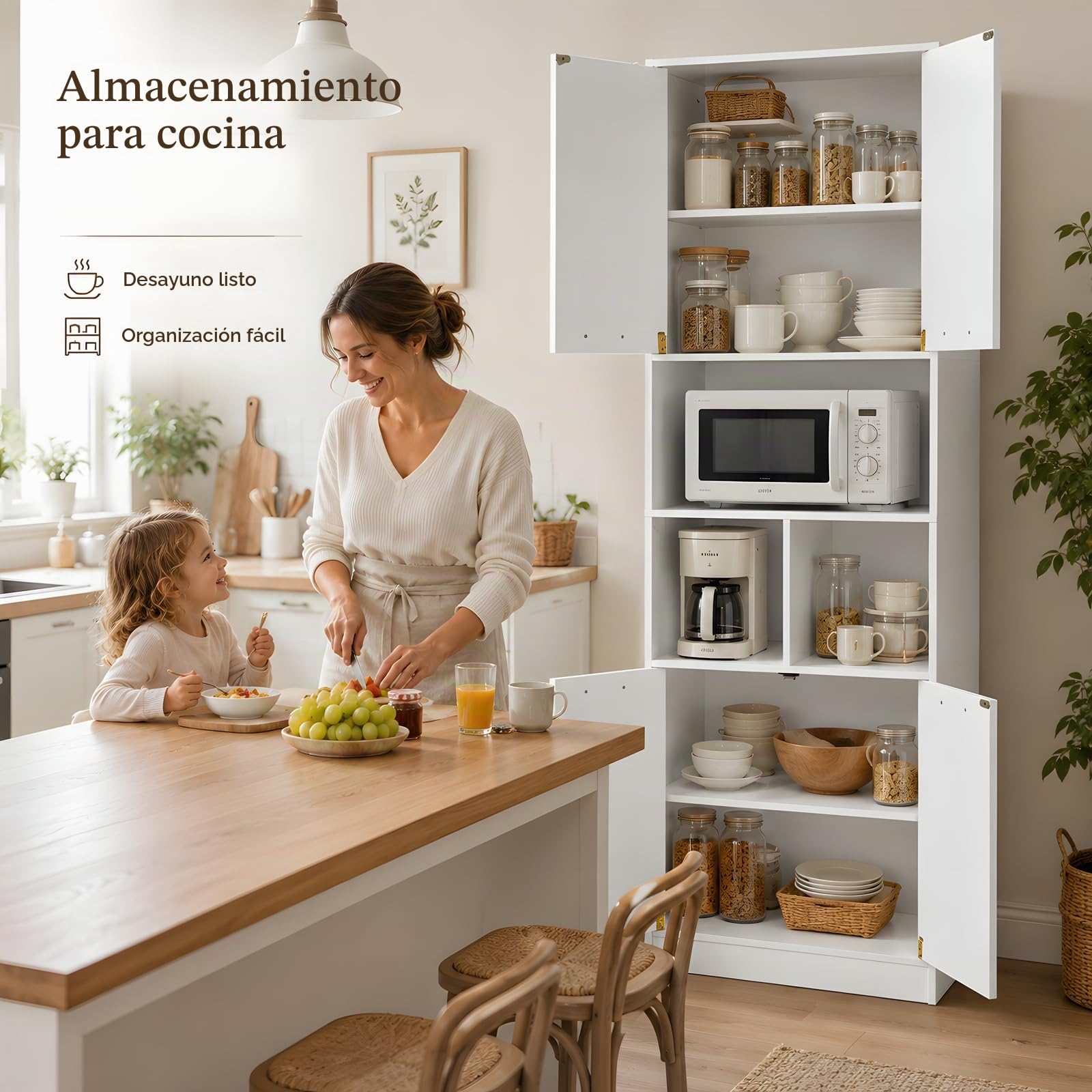 Armario Multiusos Blanco con 4 Puertas, Mueble Auxiliar de Cocina y Armario Despensa, Armario Oficina con Estantería, Armario 60 cm Ancho y 40 cm Profundidad