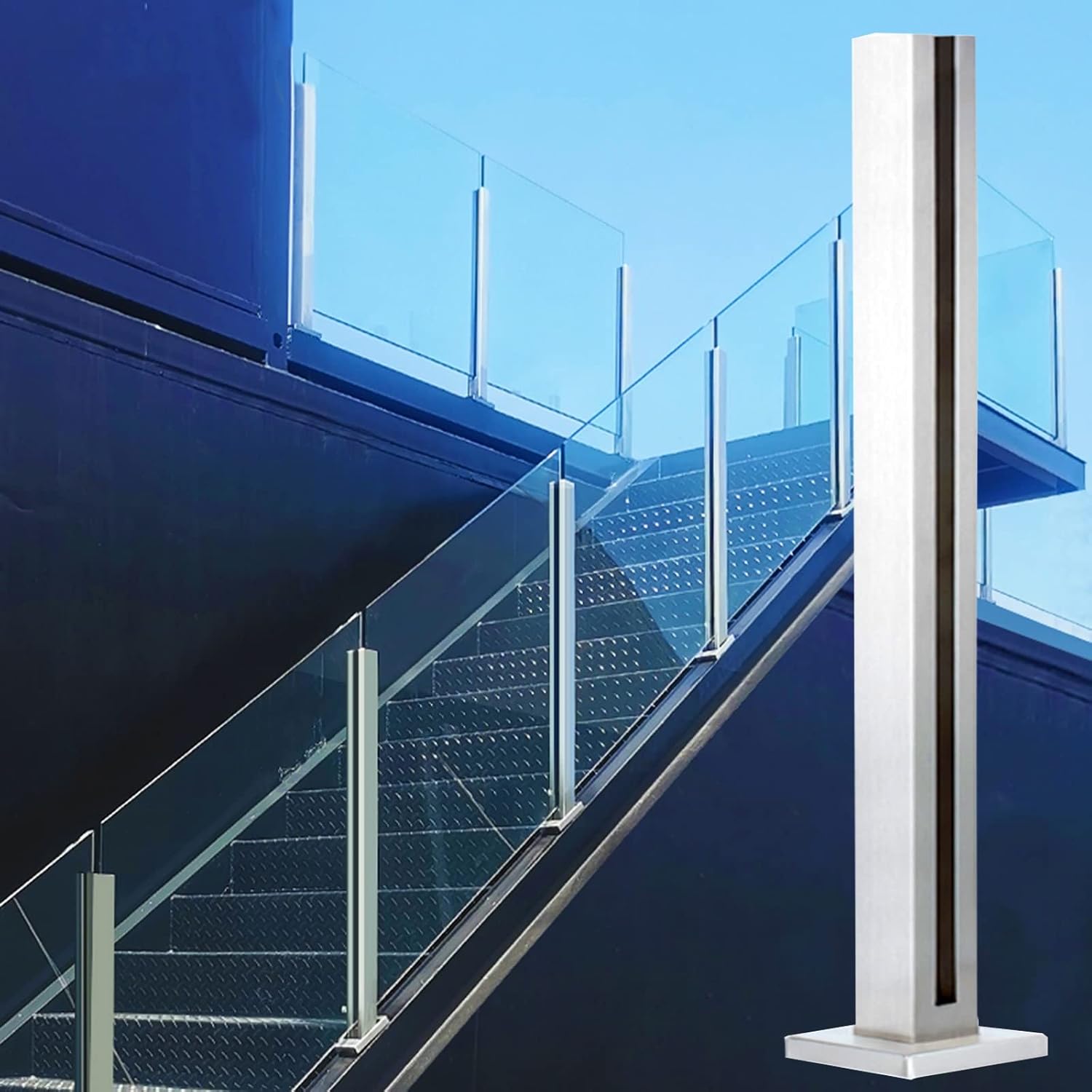 Glass Railing Post Middle End Corner, Modern Staircase Fence Panel Clamp Silver Glass Balusters Post Deck System, Windproof Stable Metal Column (Color : End Post, Size : Height 90cm/35.4in)
