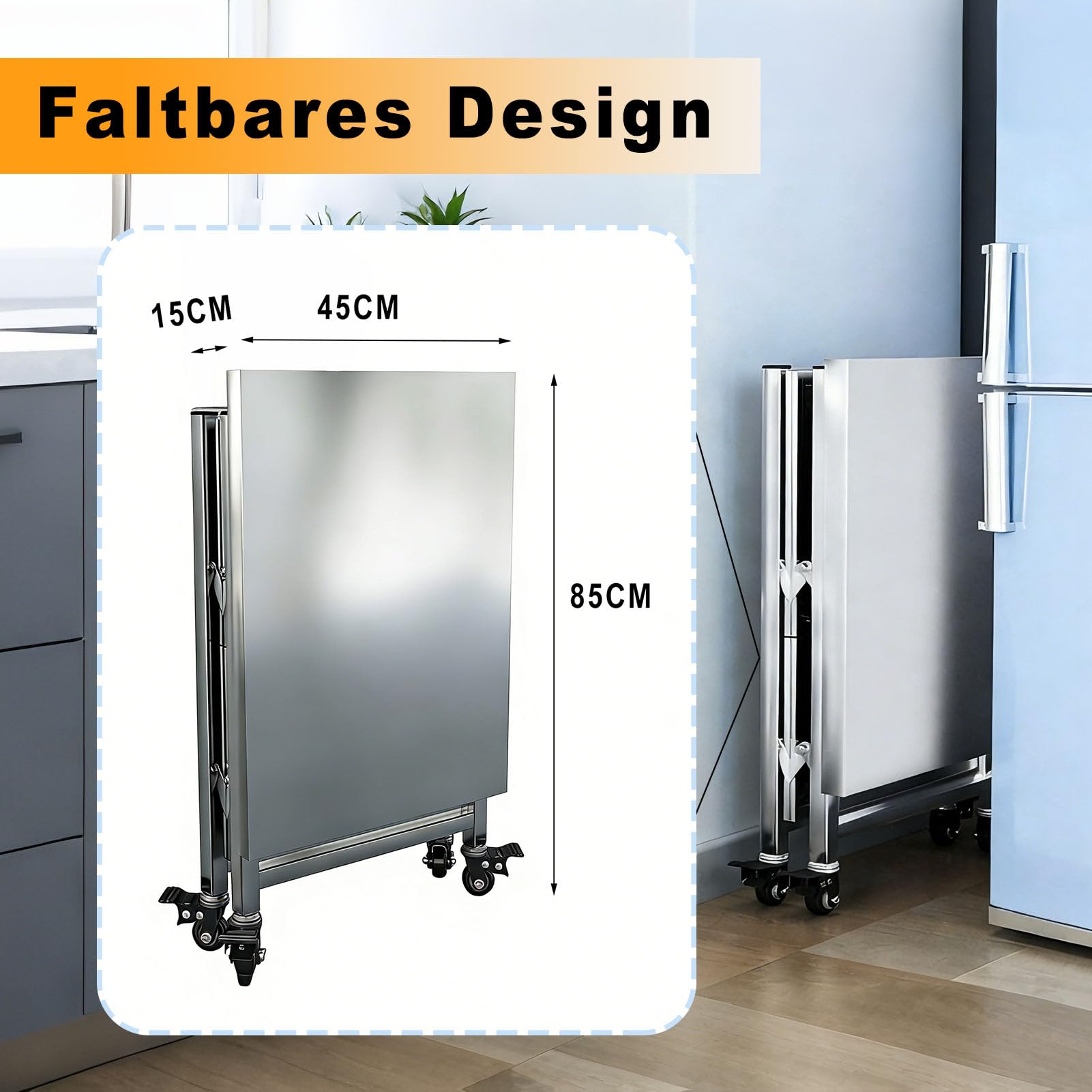 Chariot de Service Desserte Pliable,Chariot de Cuisine Étagère à 3 Niveaux | Inox avec roulettes,60x45x80cm,Pliante Chariot de Rangement pour Buanderie Bureau Salle de Bain