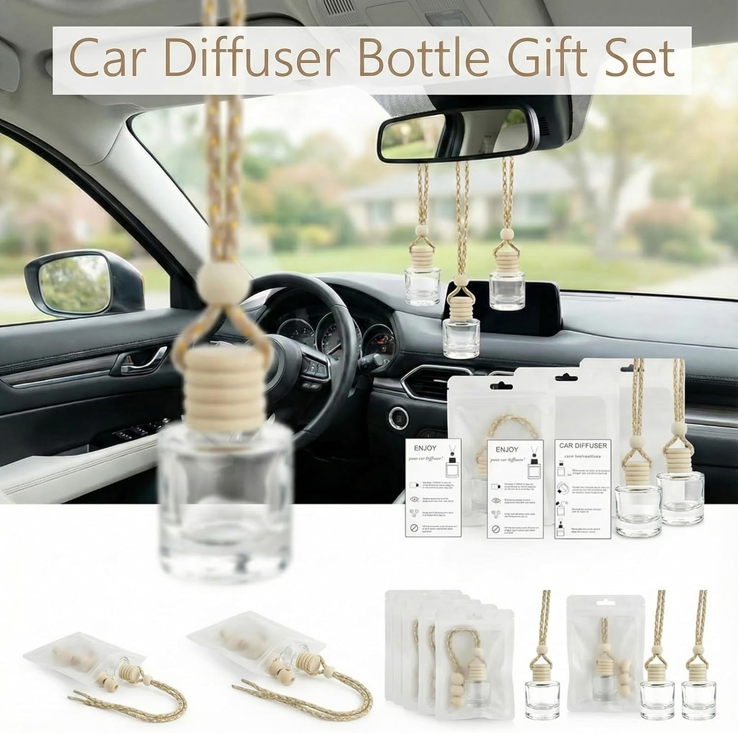 110 Sets Hanging Car Air Freshener Diffuser Bottles with Instruction Card Droppers and 4 x 6'' Resealable Holographic Bag Empty Car Essential Oil Perfume Bottles for Aromatherapy(Cylinder)