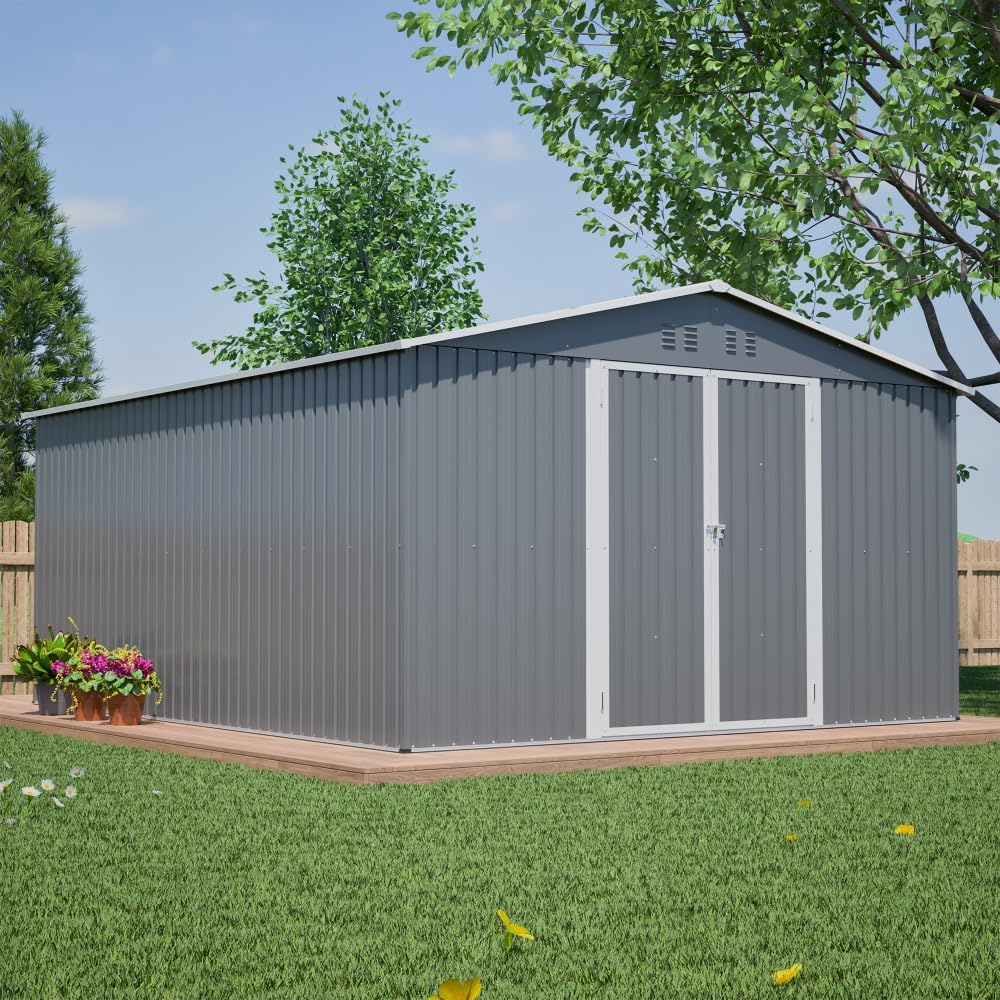 Large 11x13 Ft Metal Storage Shed with Reinforced Floor Frame, 140.5 Sq Ft Weatherproof Outdoor Garden Tool House with Lockable Doors & 4 Air Vents for All Seasons Backyard Organizer (3-Box Pack)