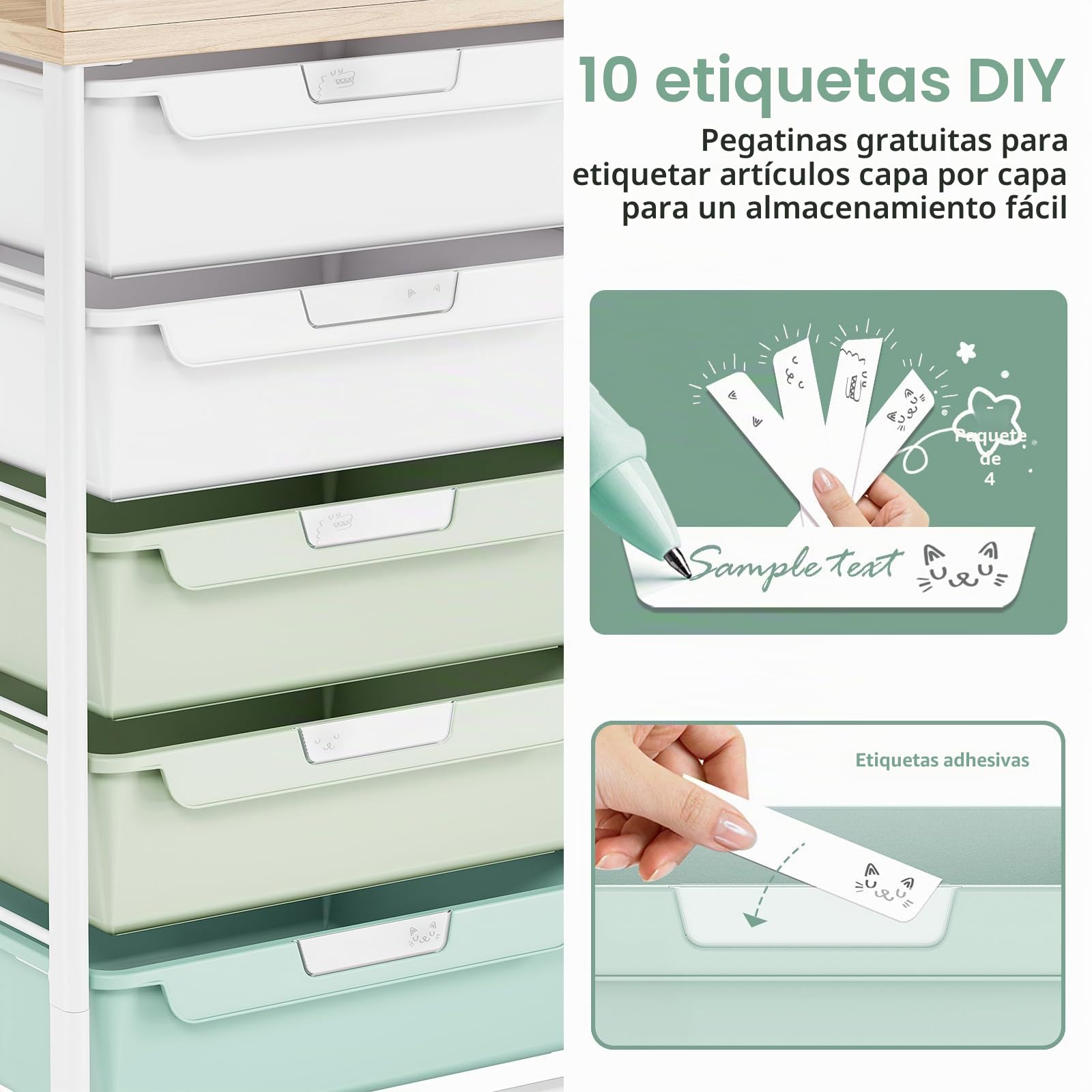SYKIARIOL Carro de baño con 10 cajones y encimera de madera, verde | Carrito de manualidades con ruedas, estructura de acero, carrito de almacenamiento para baño, cocina, salón y dormitorio