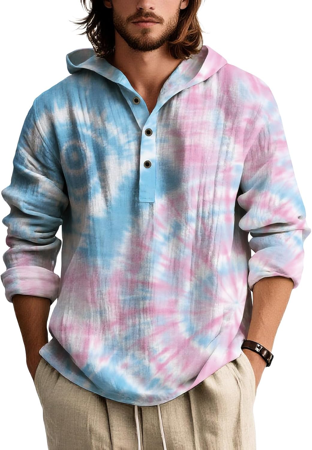 Mens Tie Dye Hooded Long Sleeve Shirt Lightweight Pullover Button Placket Casual Top for Spring Summer Streetwear