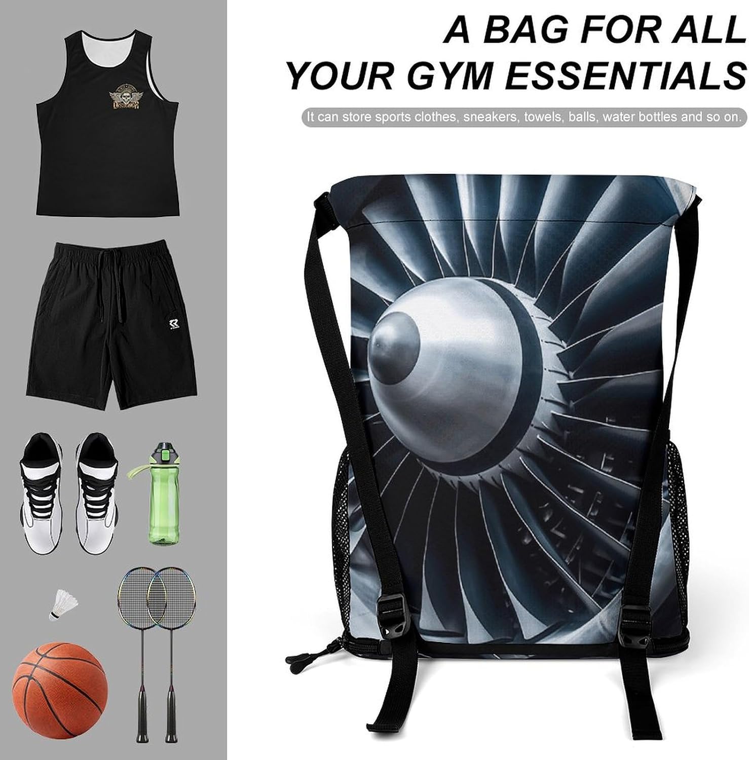 Swimming Gym Bag,Jet Engine Printed Beach Bag,sport Drawstring Backpack Suitable for Women And Men.