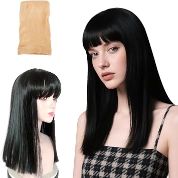 Asheyya Black Wig with Fringe, 37 cm Medium Long Straight Synthetic Black Wigs for Women