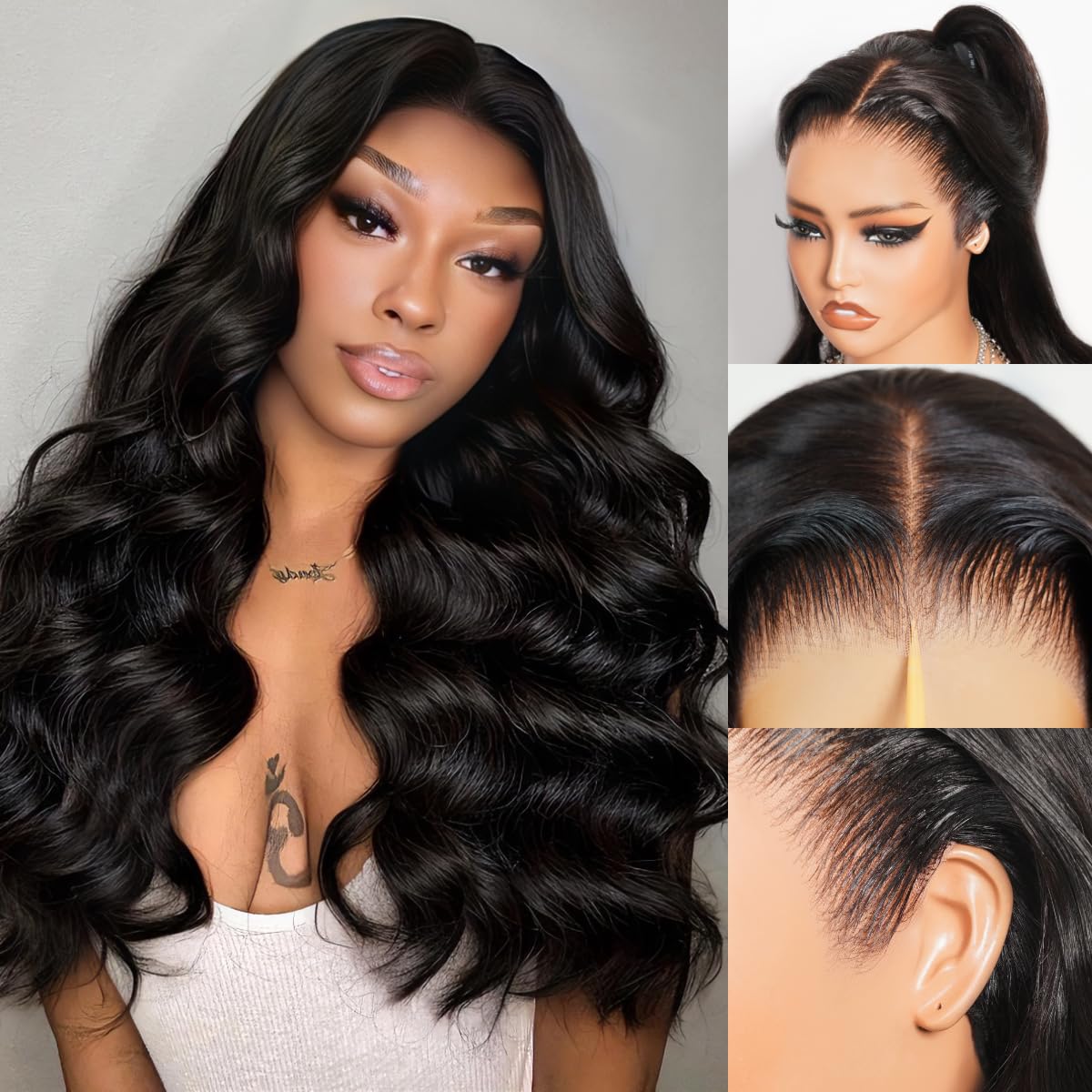 Arabella 13x6 Glueless Wigs Human Hair Pre Plucked Pre Cut 230% Density Upgraded Ear-to-Ear HD Body Wave Lace Front Wigs Human Hair Glueless Wear and Go Drawstring Black Frontal Wig with Tapes 24 Inch