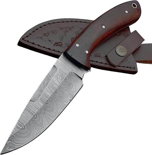 WARIVO KNIFE Cuchillo de caza de Damasco hecho a mano, cuchillo de hoja fija con funda. Cuchillo de supervivencia EDC con mango de palisandro de 10