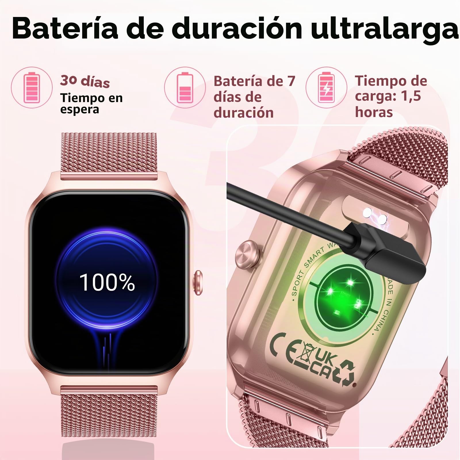 CASCHO Reloj Inteligente Mujer,1.85" HD Smartwatch con Llamadas,120+ Modos Deportes, Monitor Cardiaco y Sueño, Whatsapp Llamadas Bluetooth, Regalo Mujer, Android/iOS, Oro Rosa