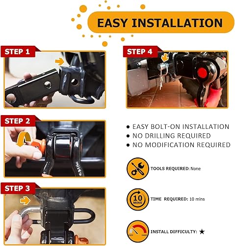 Miniatura 4 de WeiSen UTV - Enganche receptor trasero de 2 pulgadas y receptor de enganche de grillete de 2 pulgadas con grillete de anillo en D de 34 pulgadas,