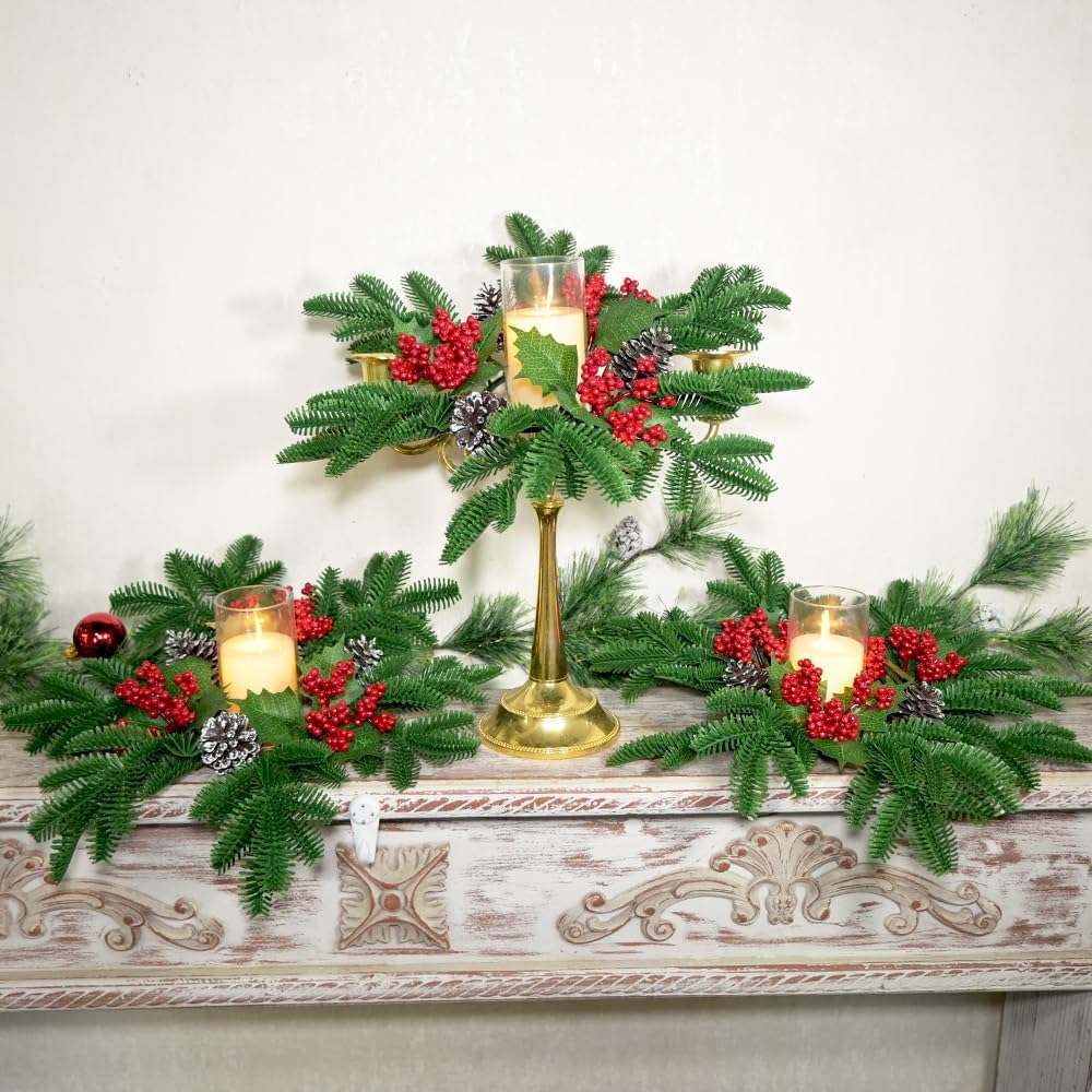 Christmas Small Wreaths 3Pcs 13.5inch Christmas Candle Rings Wreath Greenery Pine Small Wreaths Candle Holder Rings Decorations for Tables Centerpieces Frontdoor Window Mantle Home Kitchen Xmas Decor
