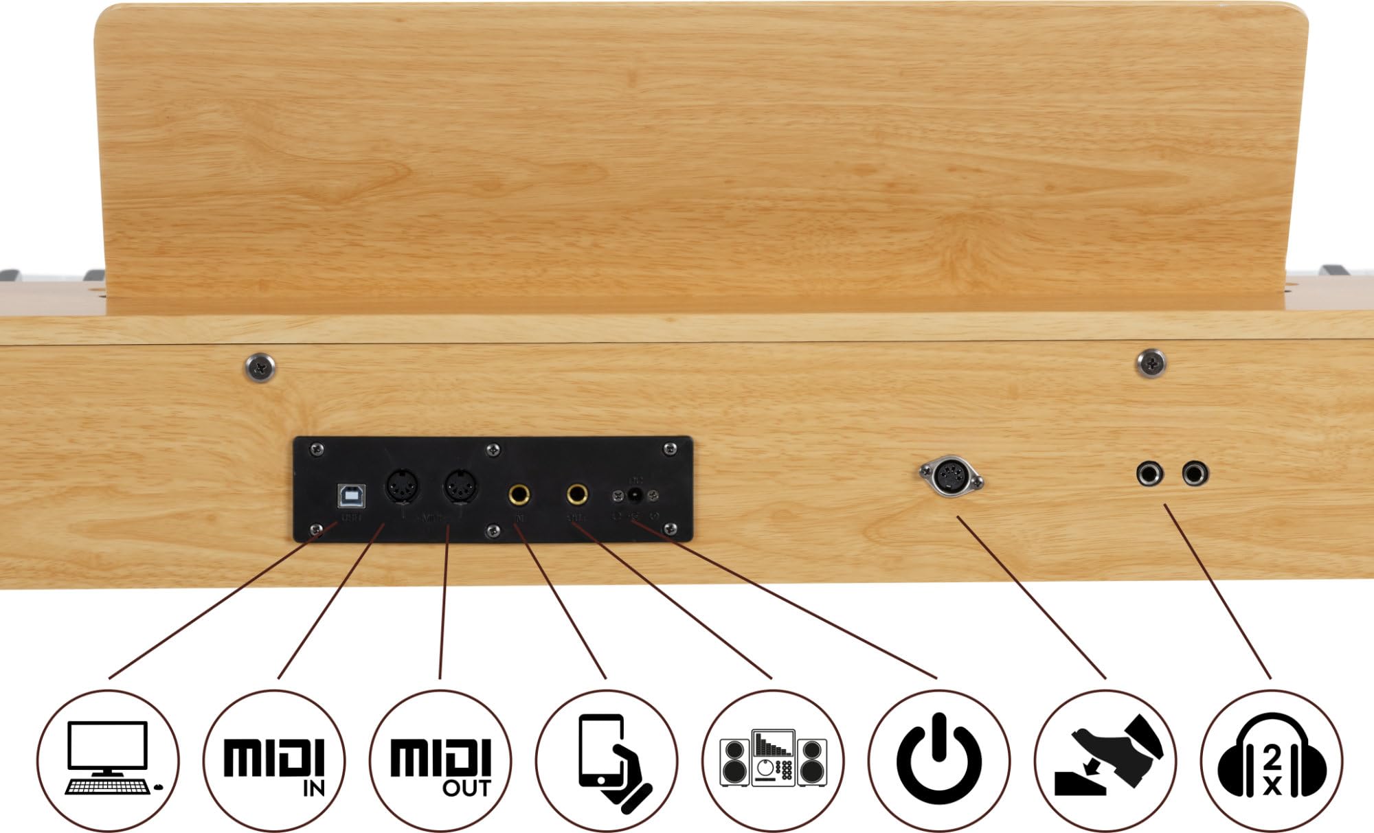 McGrey DP-17 AL Design Piano Set Frassino Chiaro, Polifonia a 128 voci | 88 tasti pesati con meccanica a martello, Dinamica di tocco (On, Off), 80 brani demo interni, 128 suoni, 2x cuffie, Cuffie