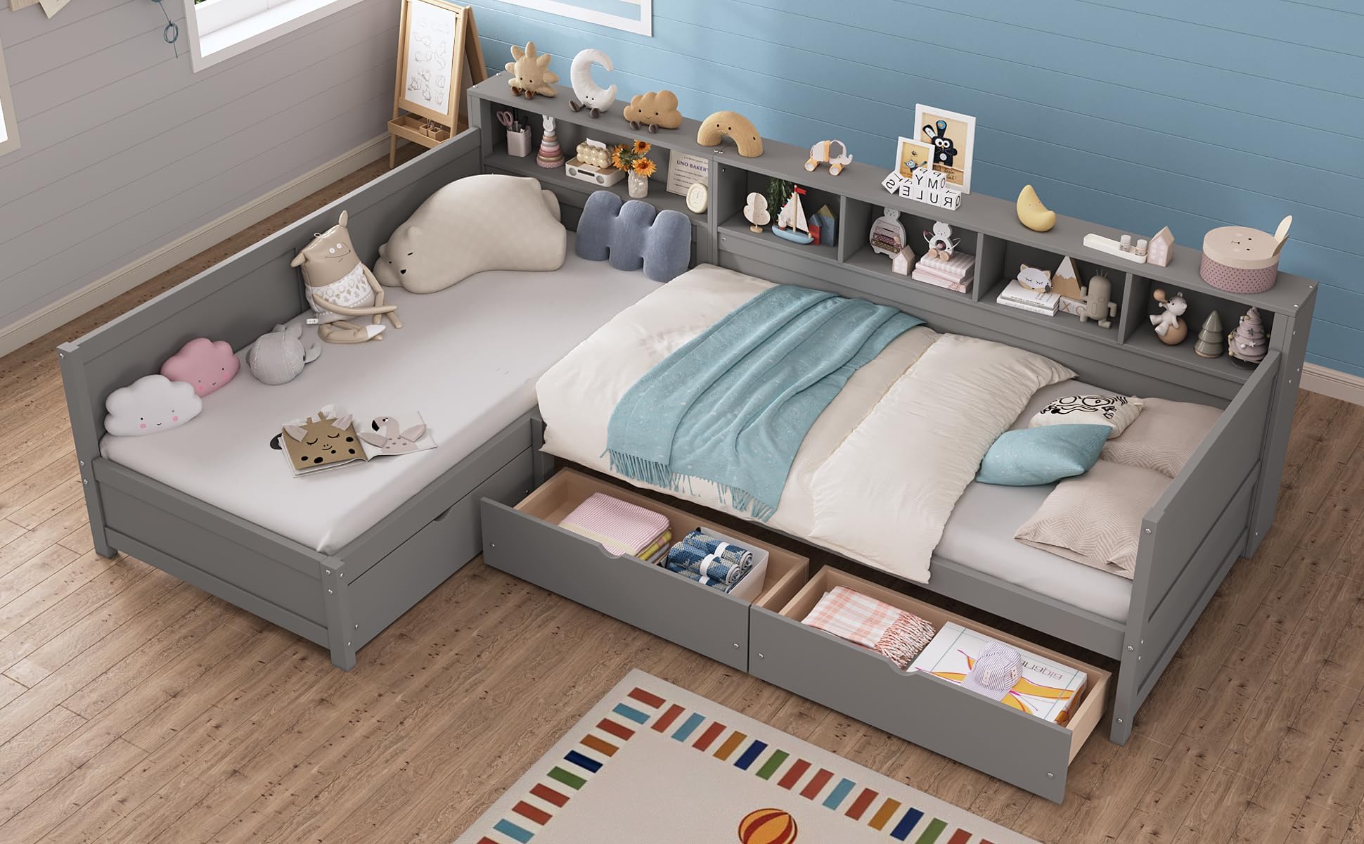 Twin Daybed Frame with 3 Large Storage Drawers and Bookshelf, Twin Size Day Bed for 2, Wooden Corner Bed Frame with Sturdy Slats for Bedroom Living Room, No Box Spring Needed, Space Save, Grey
